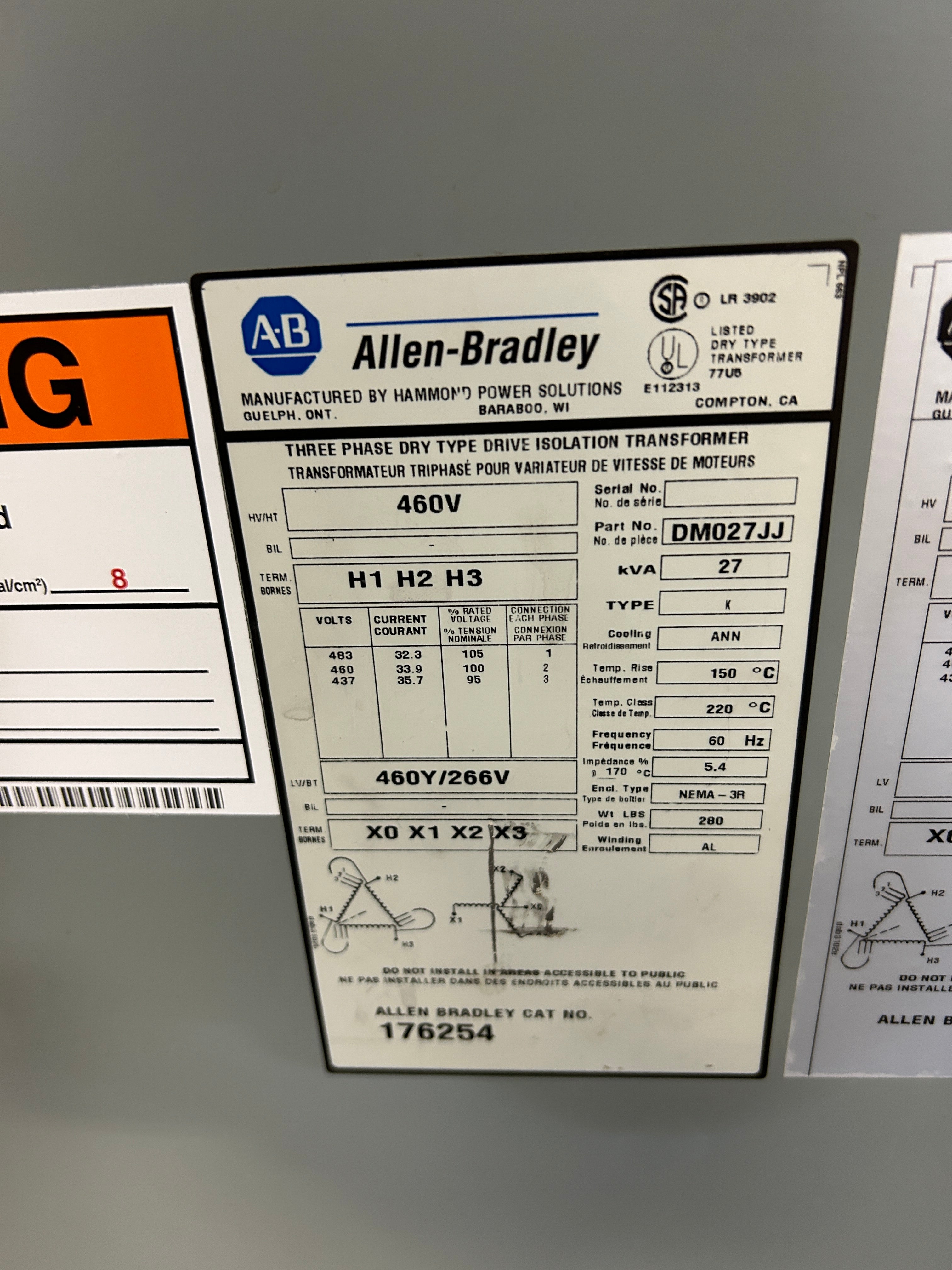 Allen-Bradley DM027JJ Transformer 27kVA 176254 3PH Dry Type 460V Type K AL