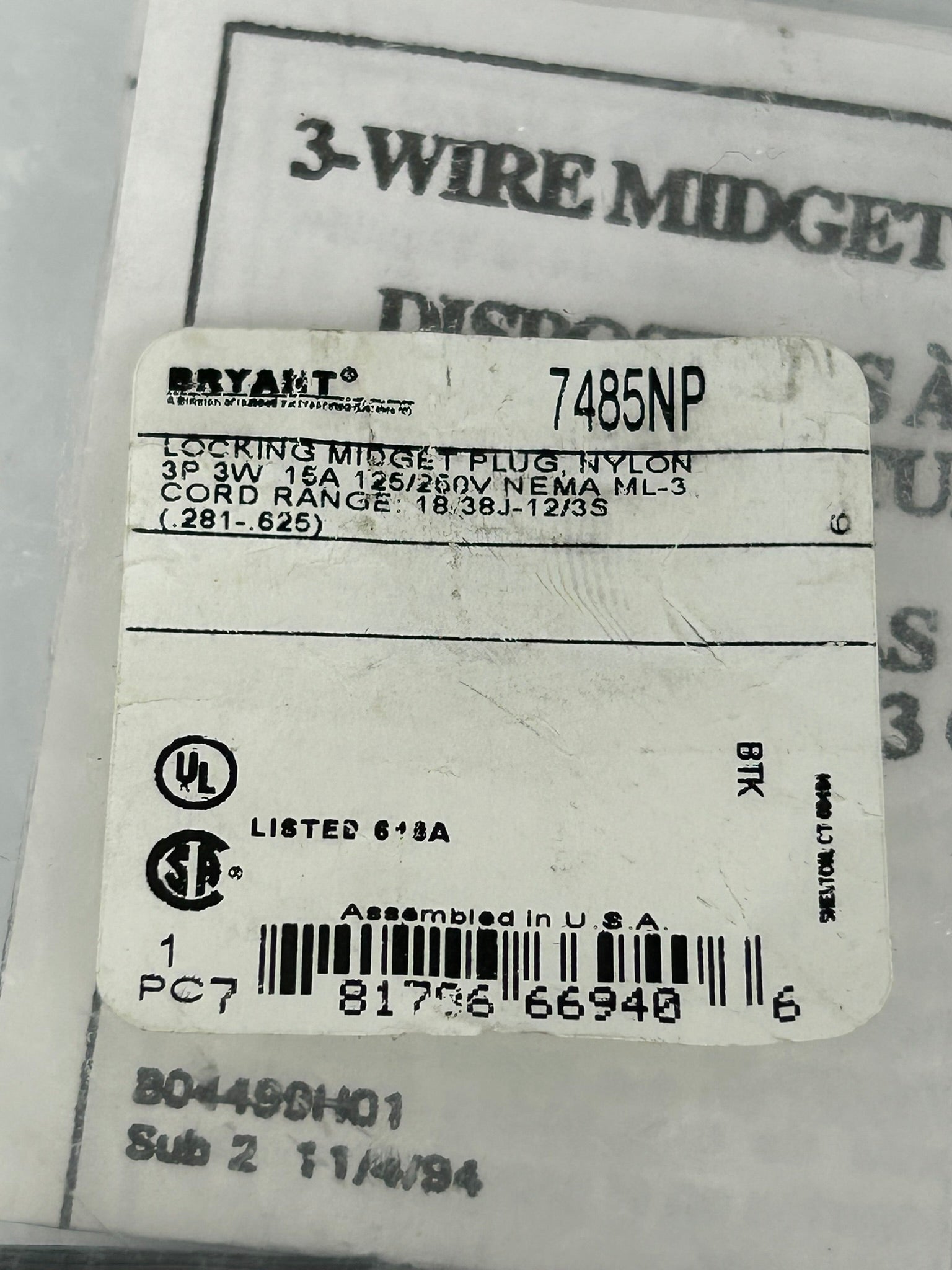 Bryant 7485NP Locking Midget Plug 125/250V 15A 3P 3W - Lot of 2