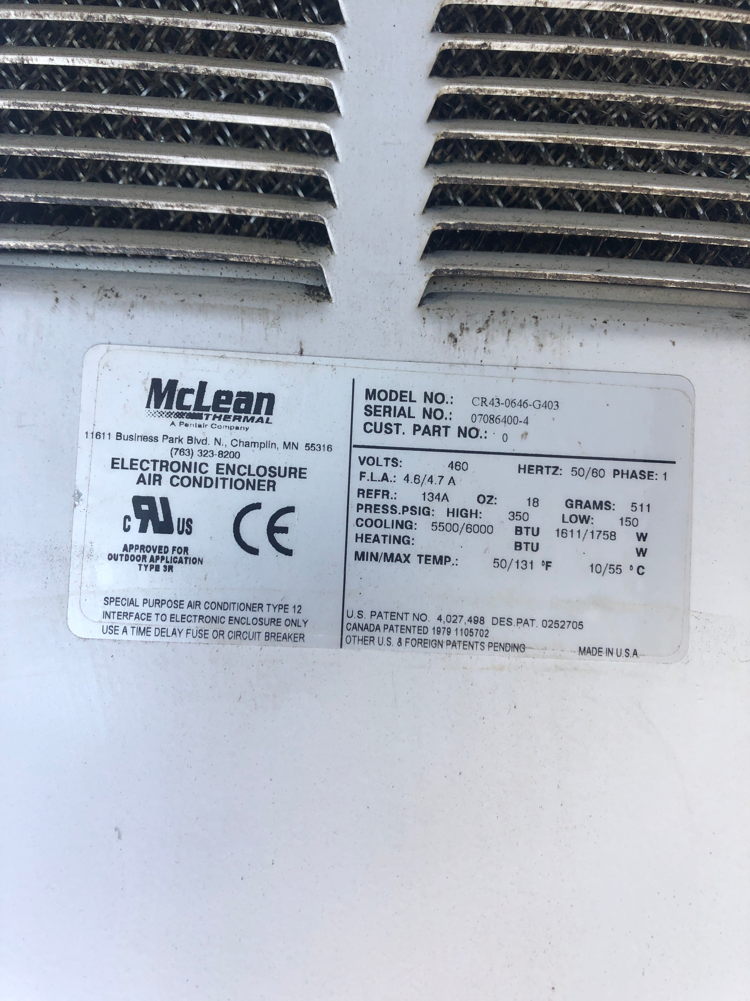 McLean CR43-0646-G403 Air Conditioner Thermal Electronic Enclosure 07086400-4