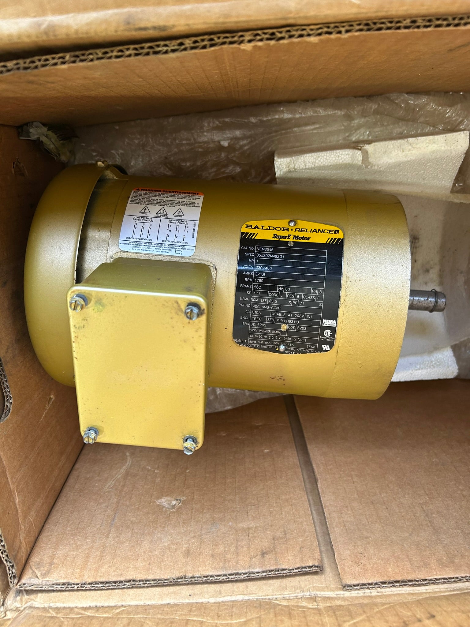 Baldor Reliance VEM3546 Electric Motor 1 HP 1760 RPM 230/460V 3 Phase 56C TEFC