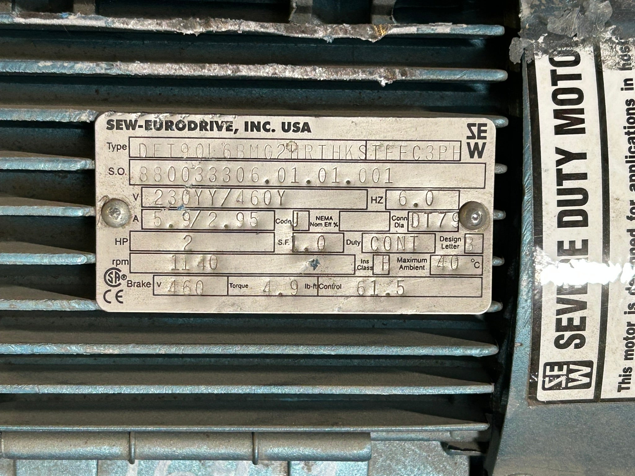 SEW Eurodrive DFT90L6 BMG2HR THKSTFFC 3PH Motor 2 HP 1140 RPM