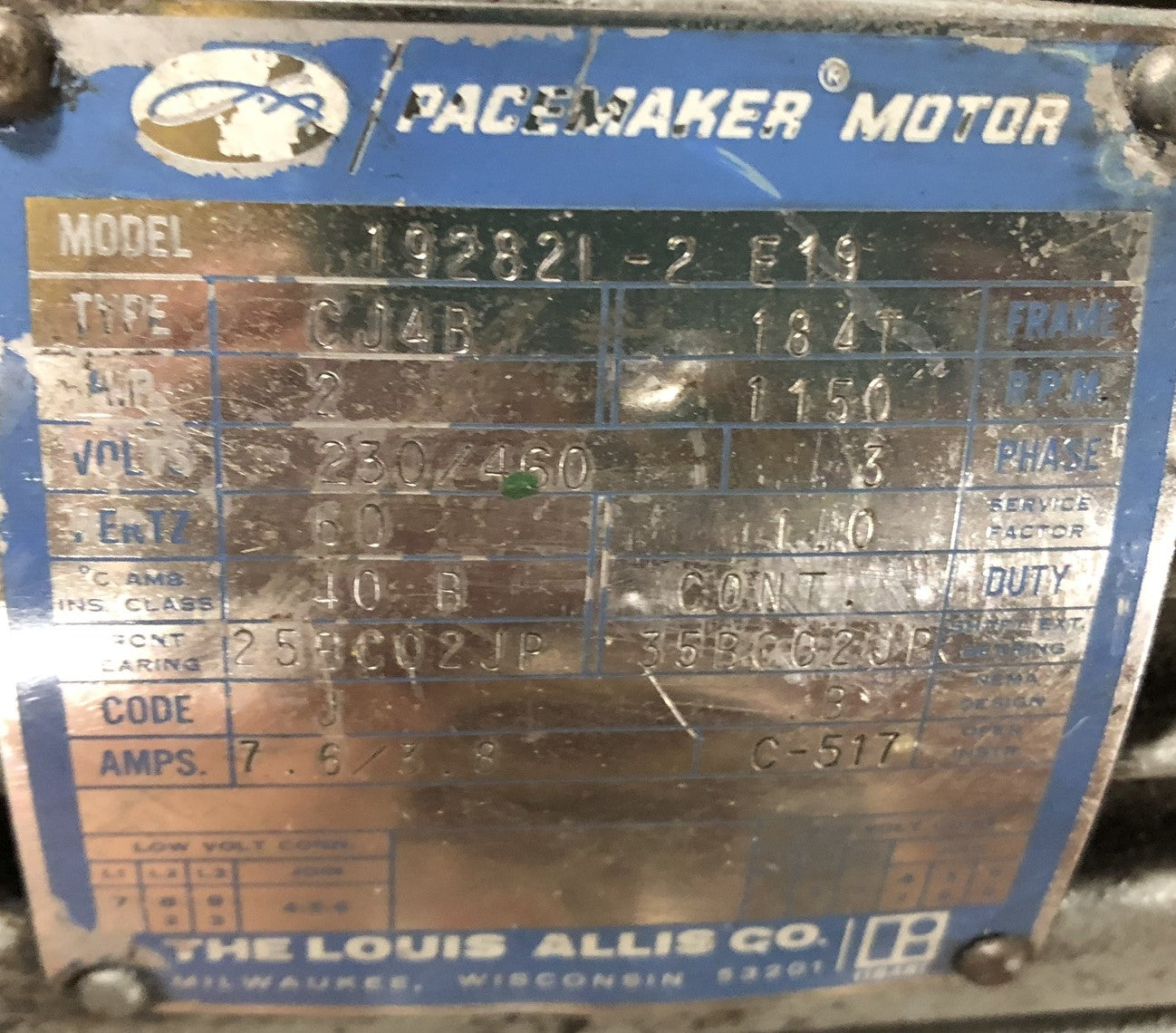 Louis Allis 192821-2 E19 Pacemaker Motor CJ4B 2 HP 3 Phase 1150 RPM