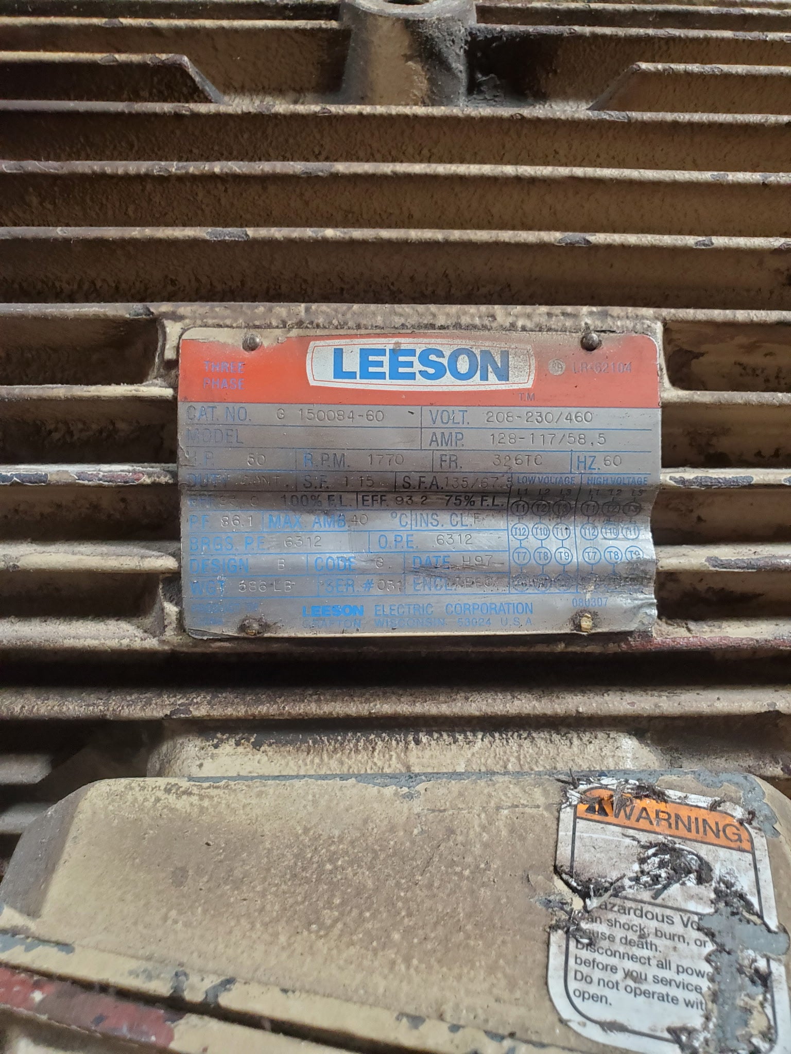 Leeson G-150085-60 Motor 60HP 1770 RPM 3PH 326TC with Belt Drive Clutch Assembly