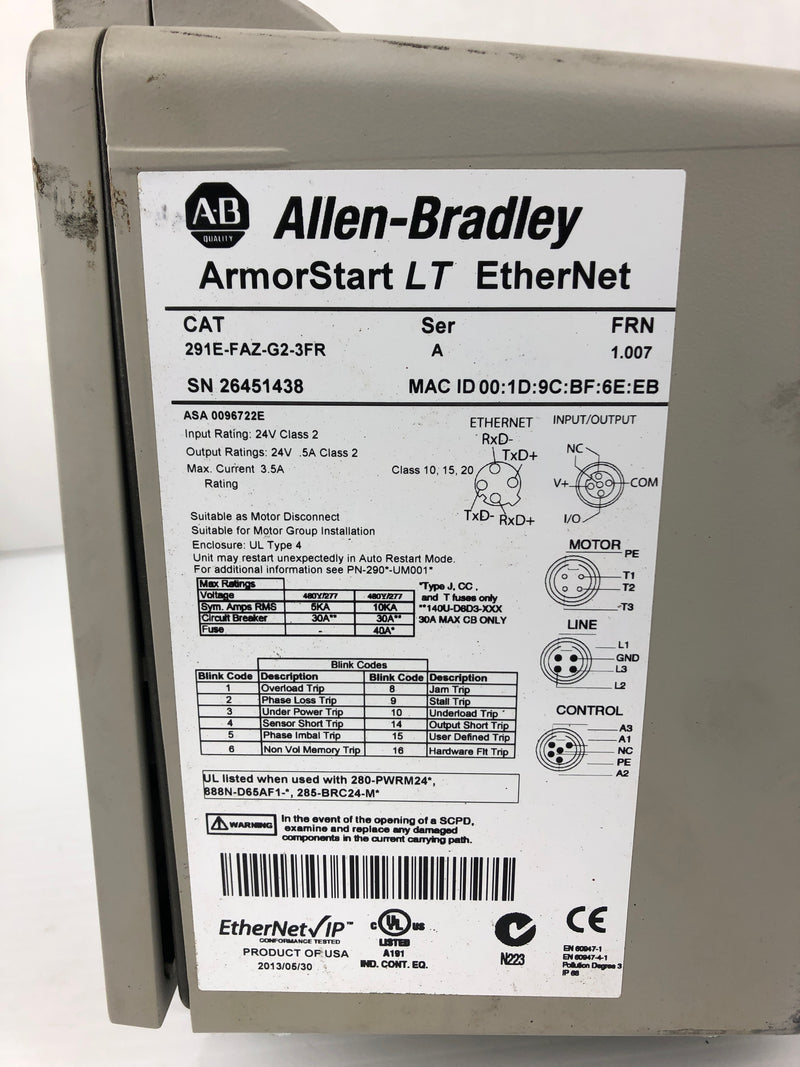 Allen Bradley 291E-FAZ-G2-3FR ArmorStart LT Ethernet Series A 24V 3.5A