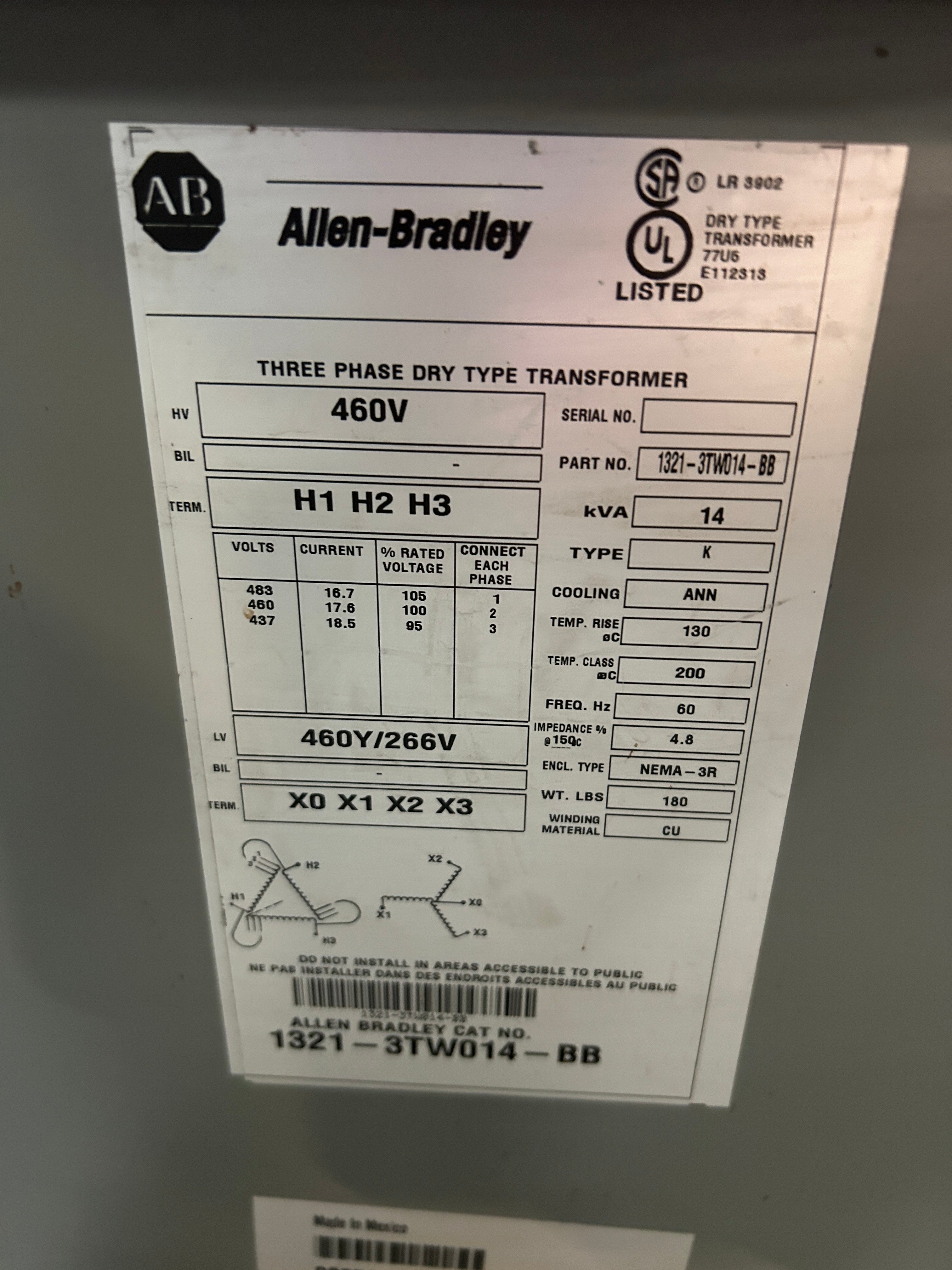 Allen-Bradley 1321-3TW014-BB Dry Type Transformer 14kVA 3PH 460V NEMA 3R CU