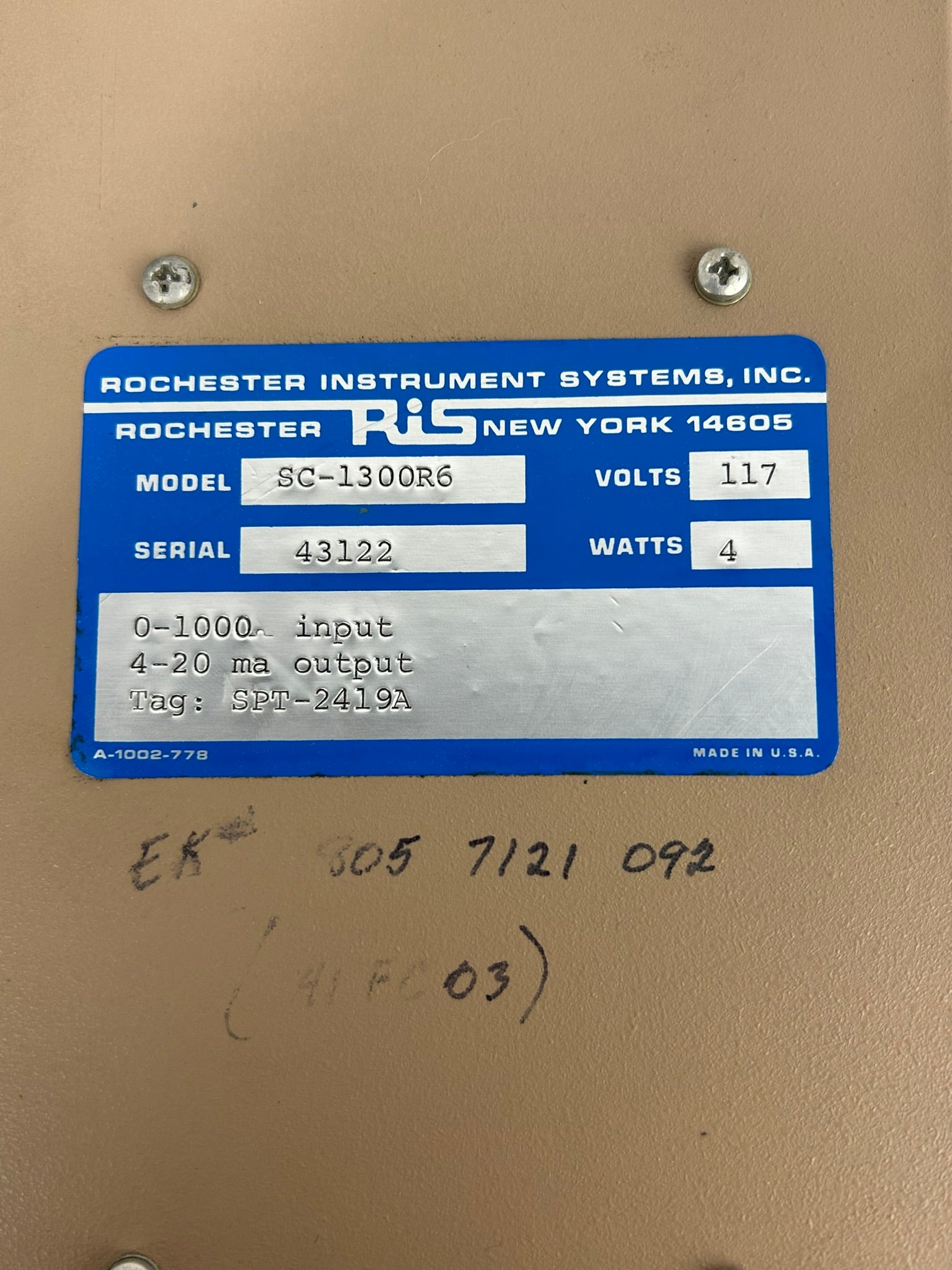 RIS SC-1300R6 Transmitter 117V 4W 0-1000Ω 4-20mA