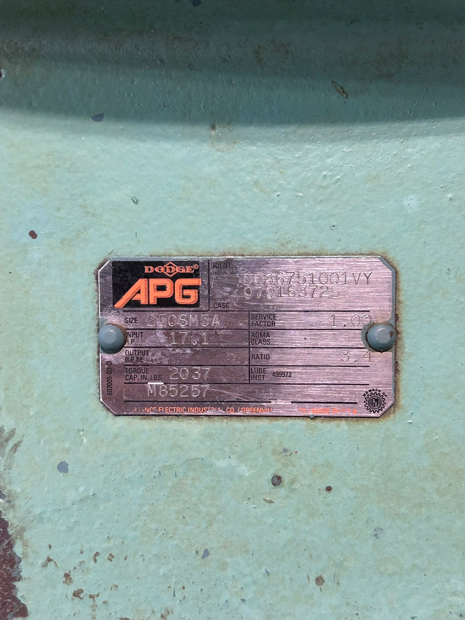 Reliance Electric 02UBZ6219201G1XY A-C Motor W/ Dodge D086751001VY07916372S