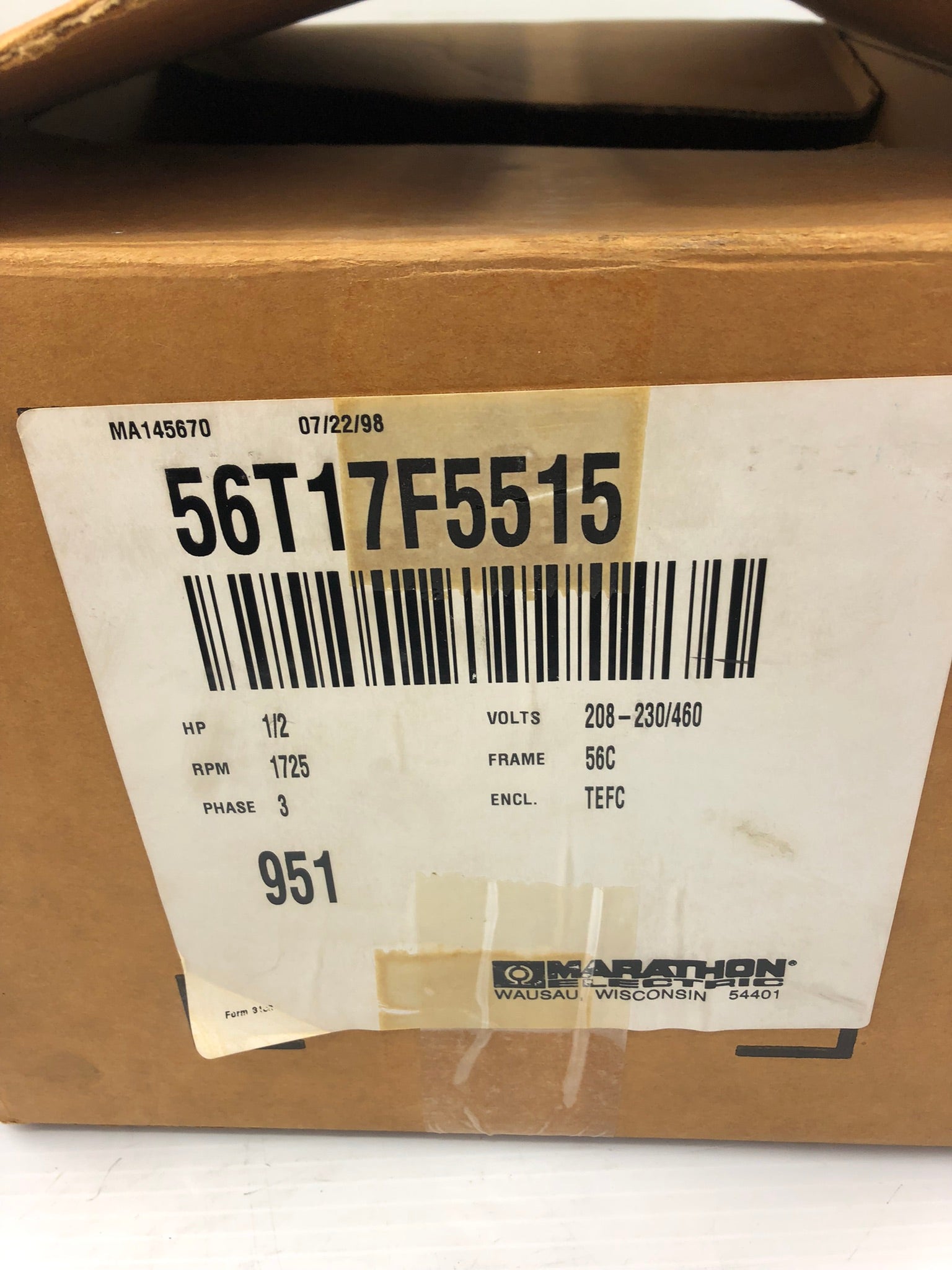 Marathon 56T17F5515 Electric Motor 1/2 HP 1725 RPM 3 Phase 208-230/460V 951
