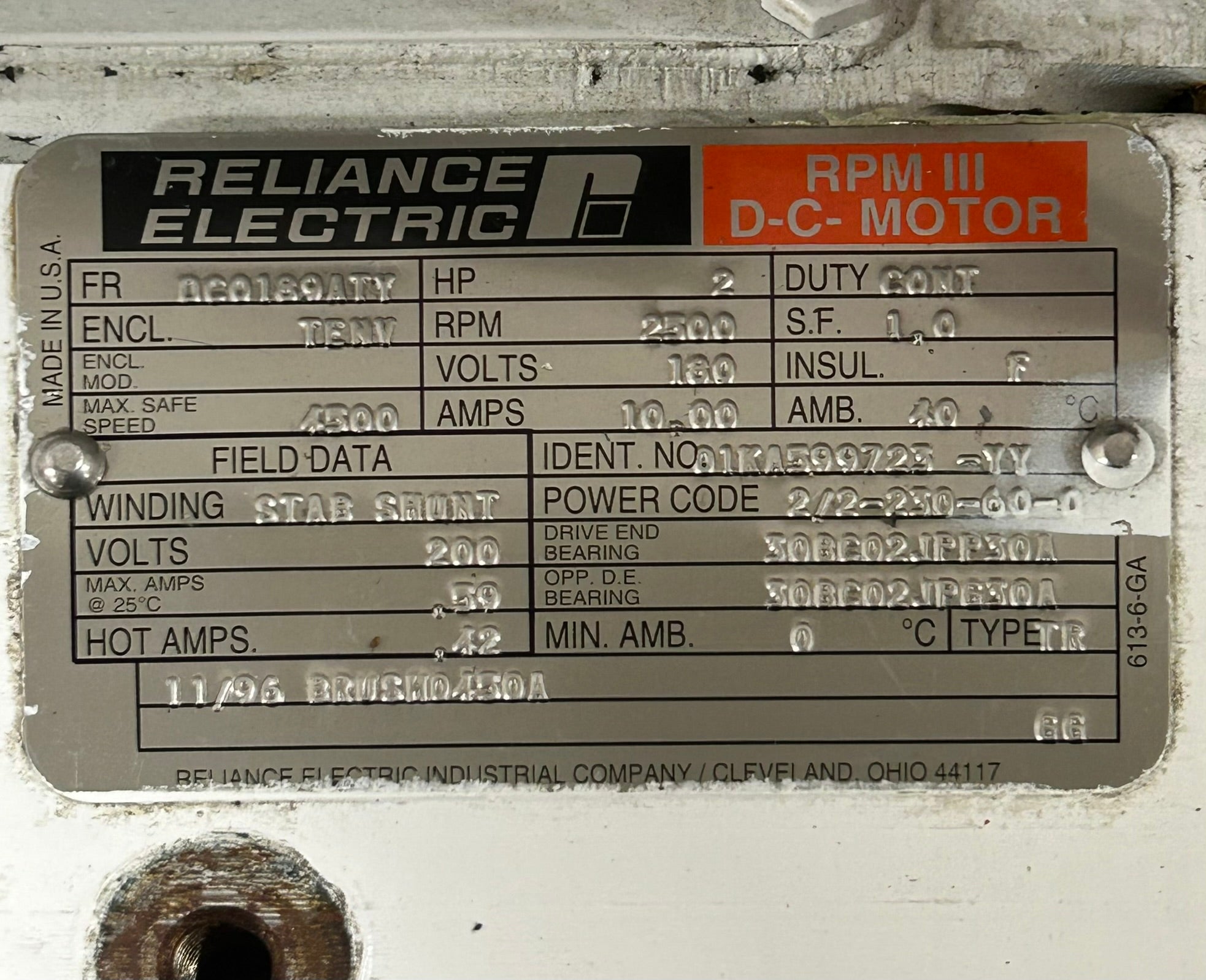 Reliance Electric 01KA599723-YY RPM III DC Motor 2HP 2500RPM 180V 10.00A Type TR