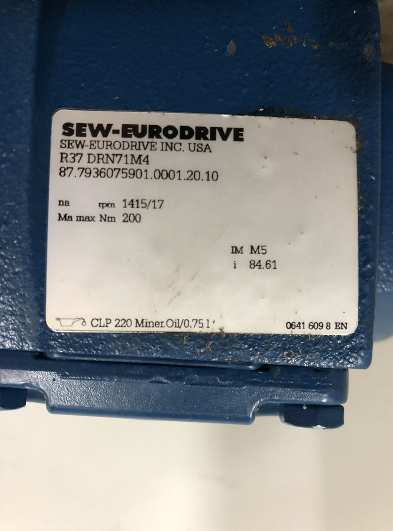 Sew Eurodrive R37DRN71M4 Gearmotor 0.50 HP 1415/1730 RPM 3PH 220/440V 1.83/1.05A