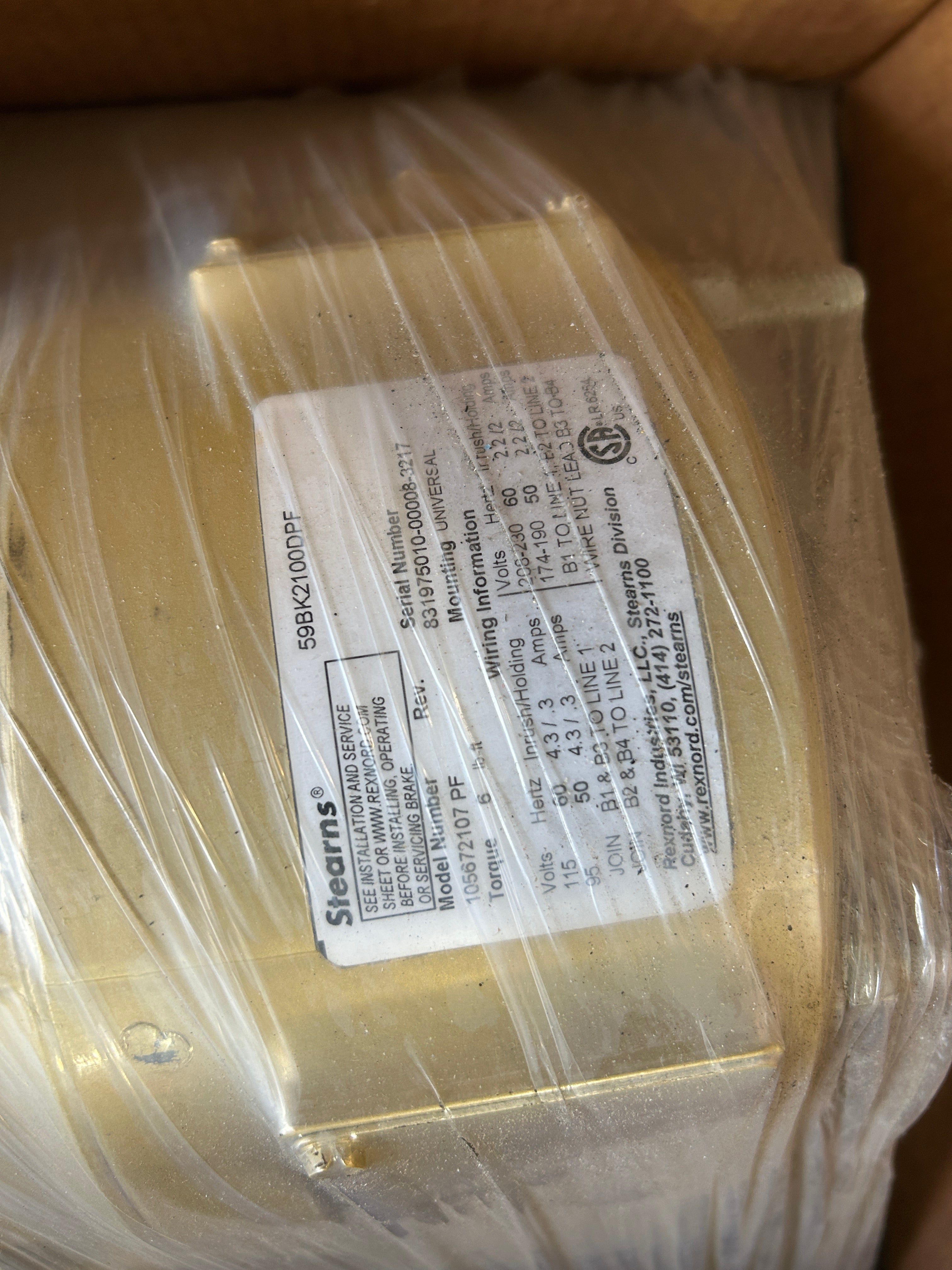 Baldor 1204442279-000010 Motor 1.5HP with Stearns 59BK2100DPF Brake 105672107 PF