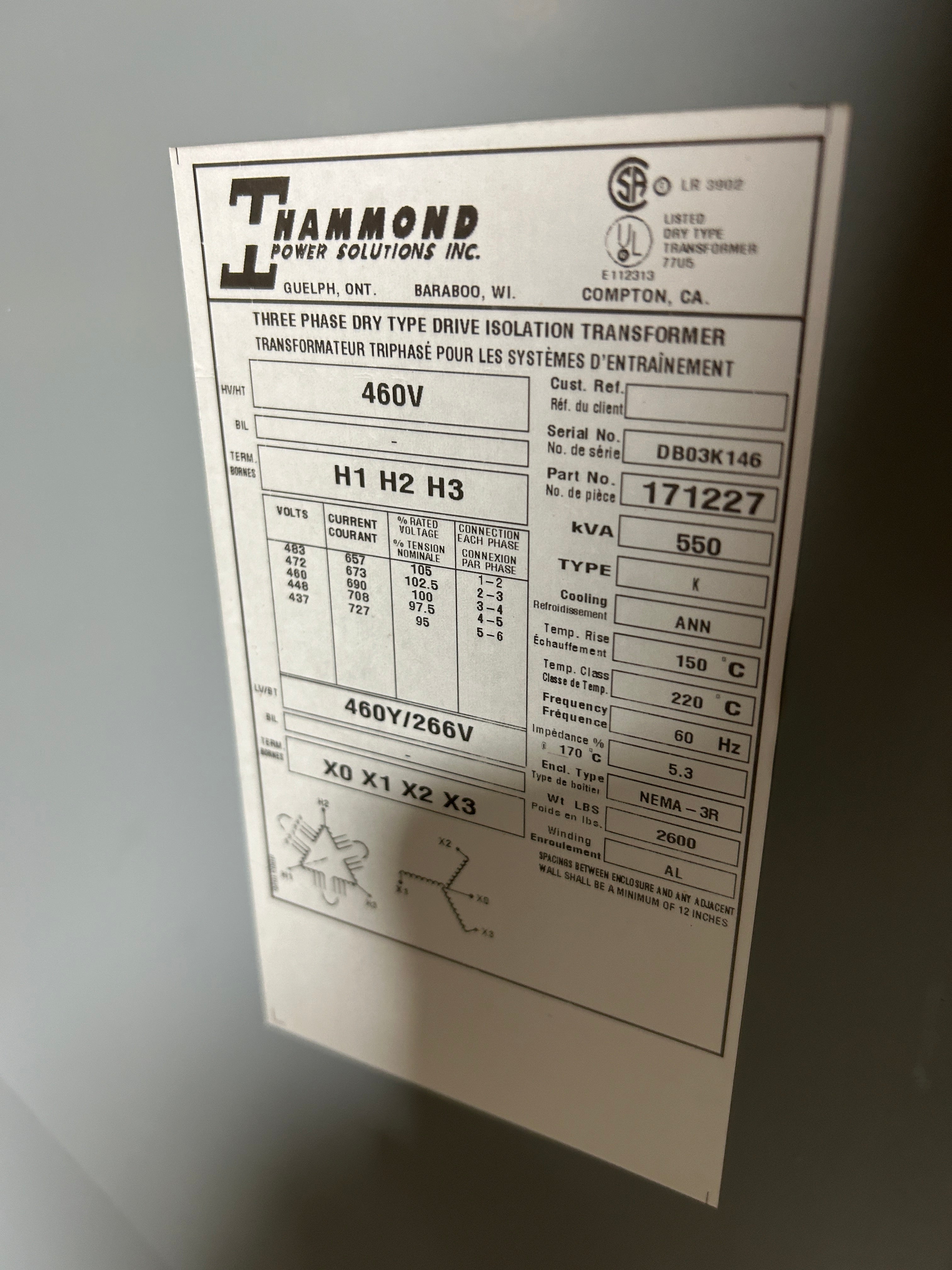 Hammond 171227 Drive Isolation Transformer 550kVA Dry Type 3PH 460V 460Y/266V