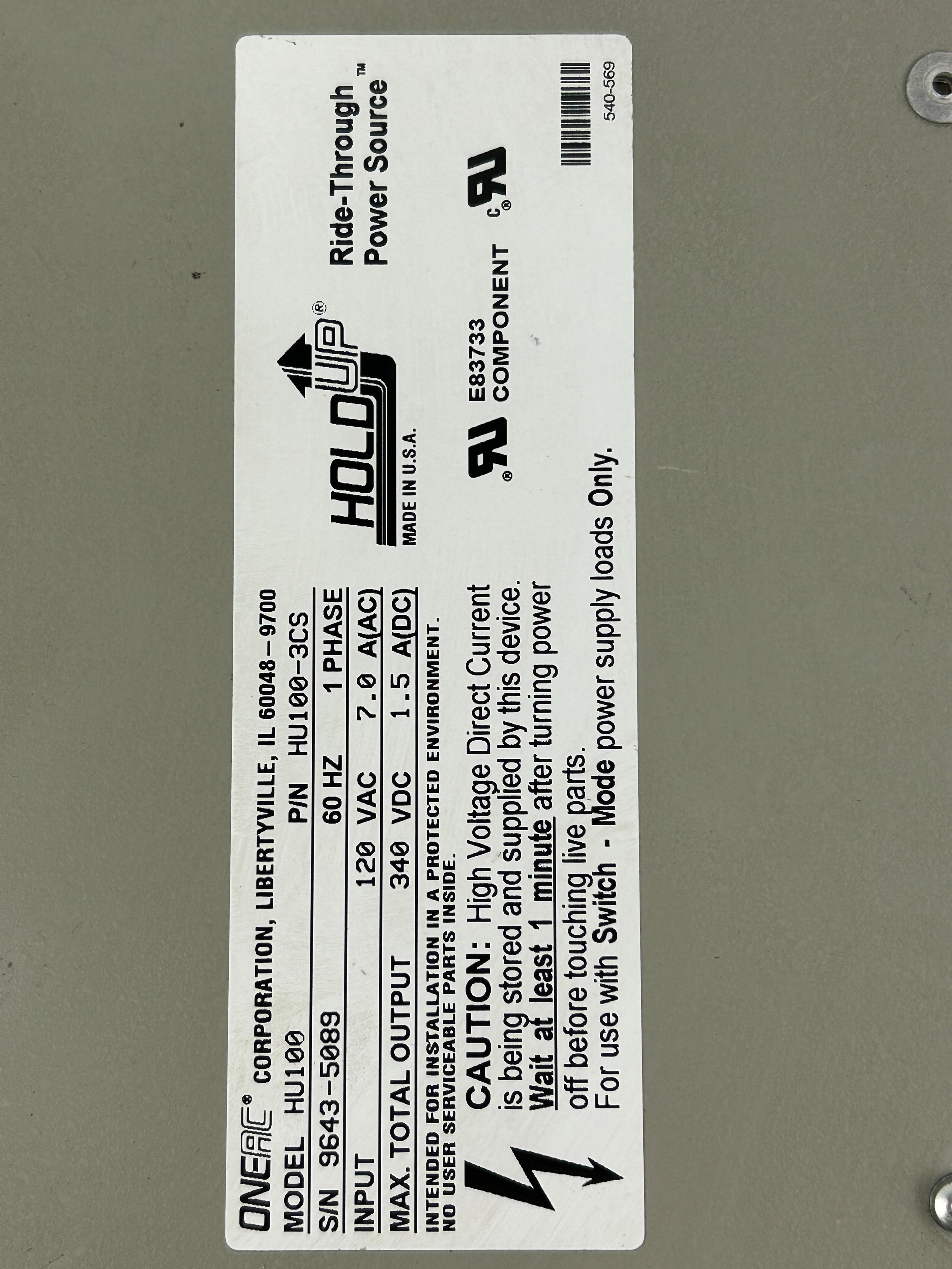 OneAC HU100 Ride-Through Power Source Power Supply Hold Up HU100-3CS