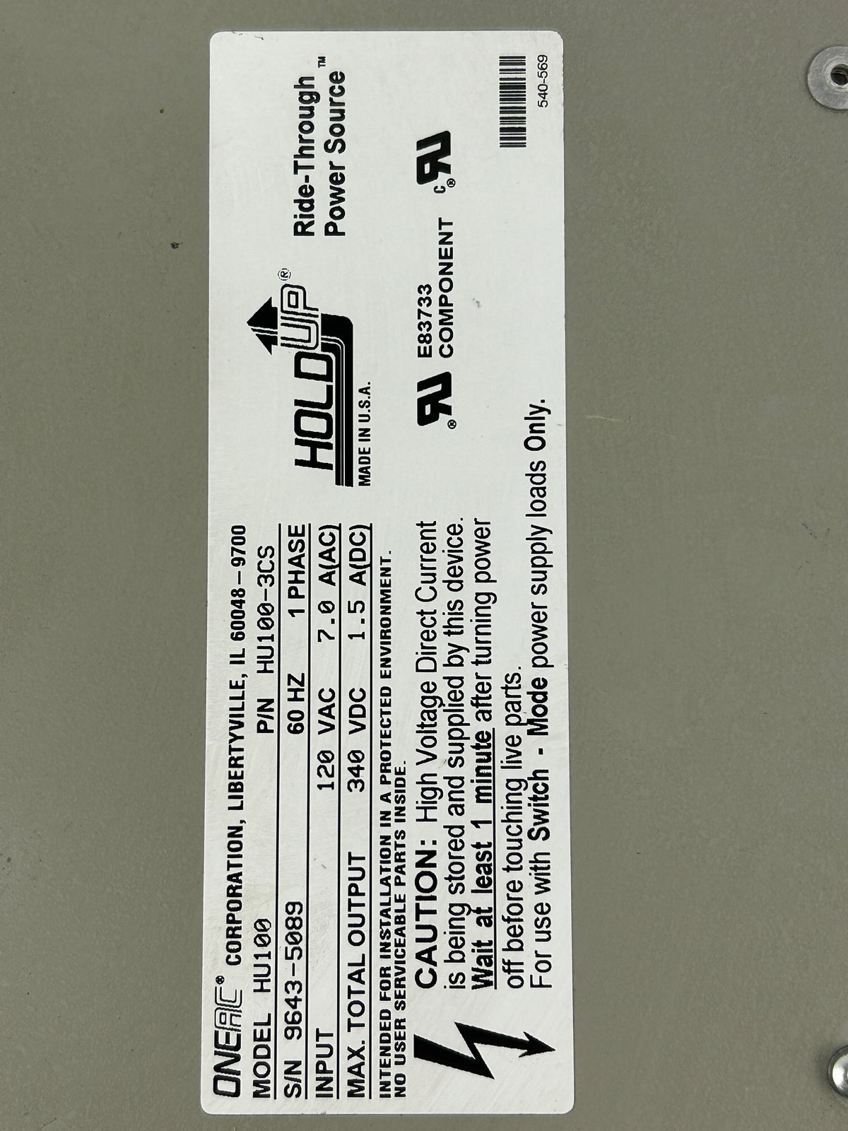 OneAC HU100 Ride-Through Power Source Power Supply Hold Up HU100-3CS