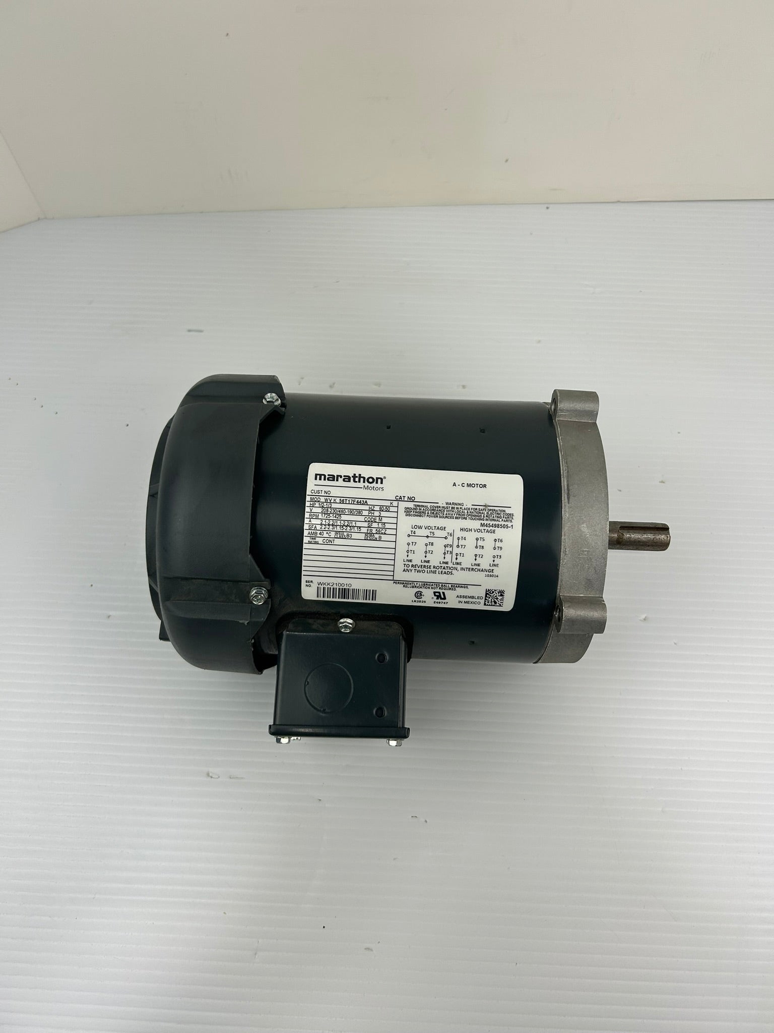Marathon 56T17F443A AC Electric Motor 1/2-1/3HP 3PH 208-230/460V 56CZ