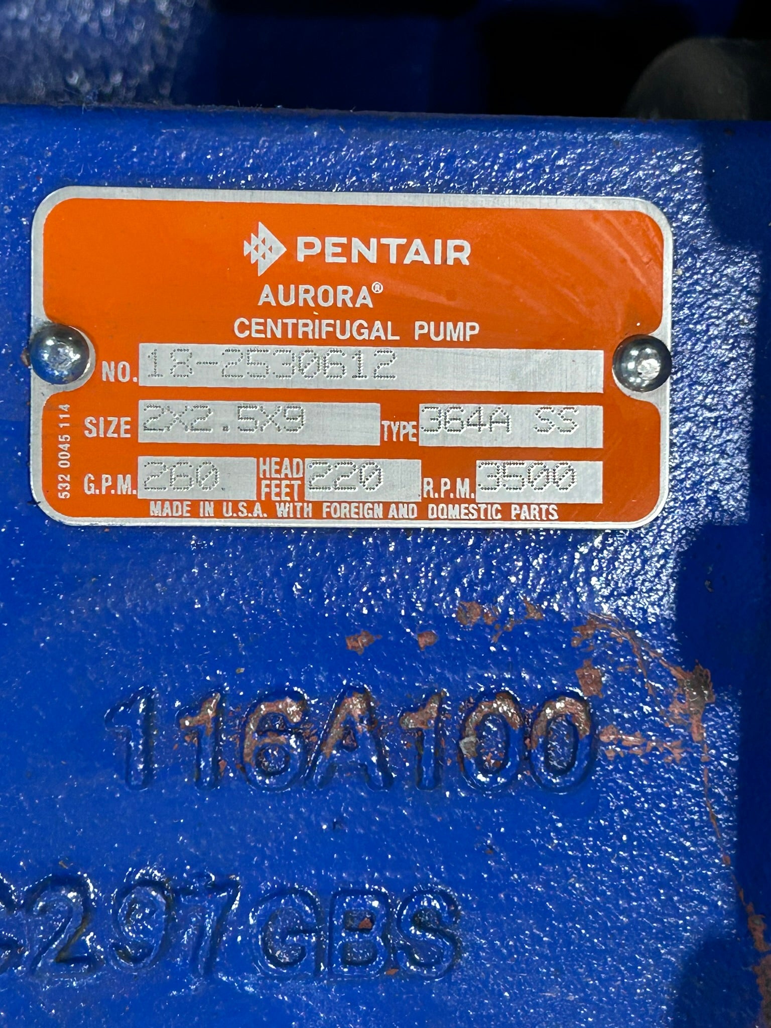 Pentair 18-2530612 Centrifugal Pump Size 2X2.5X9 Type 364ASS RPM 3500