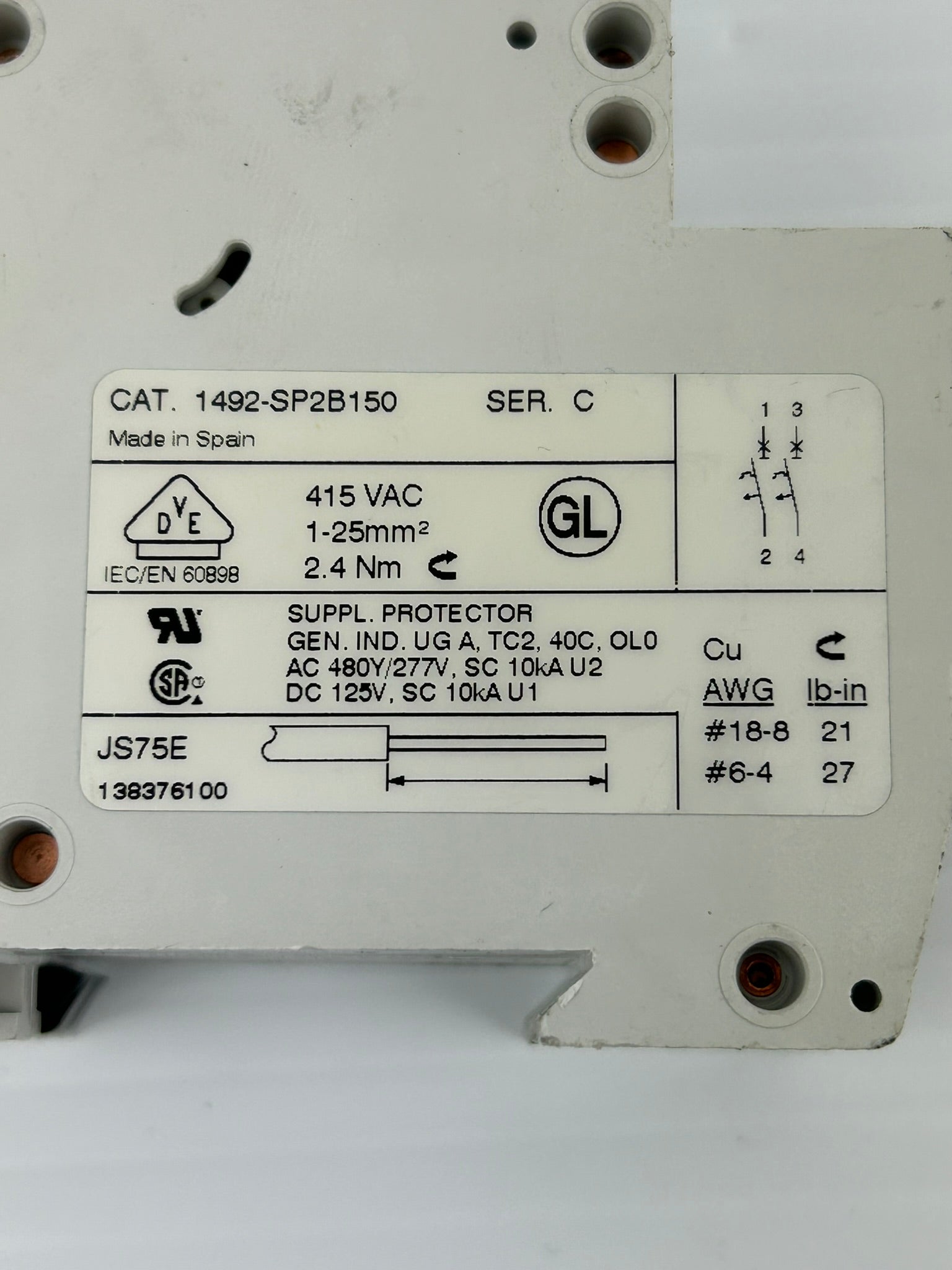 Allen-Bradley 1492-SP2B150 Circuit Breaker Ser C 415VAC 15A 2P - Lot of 2