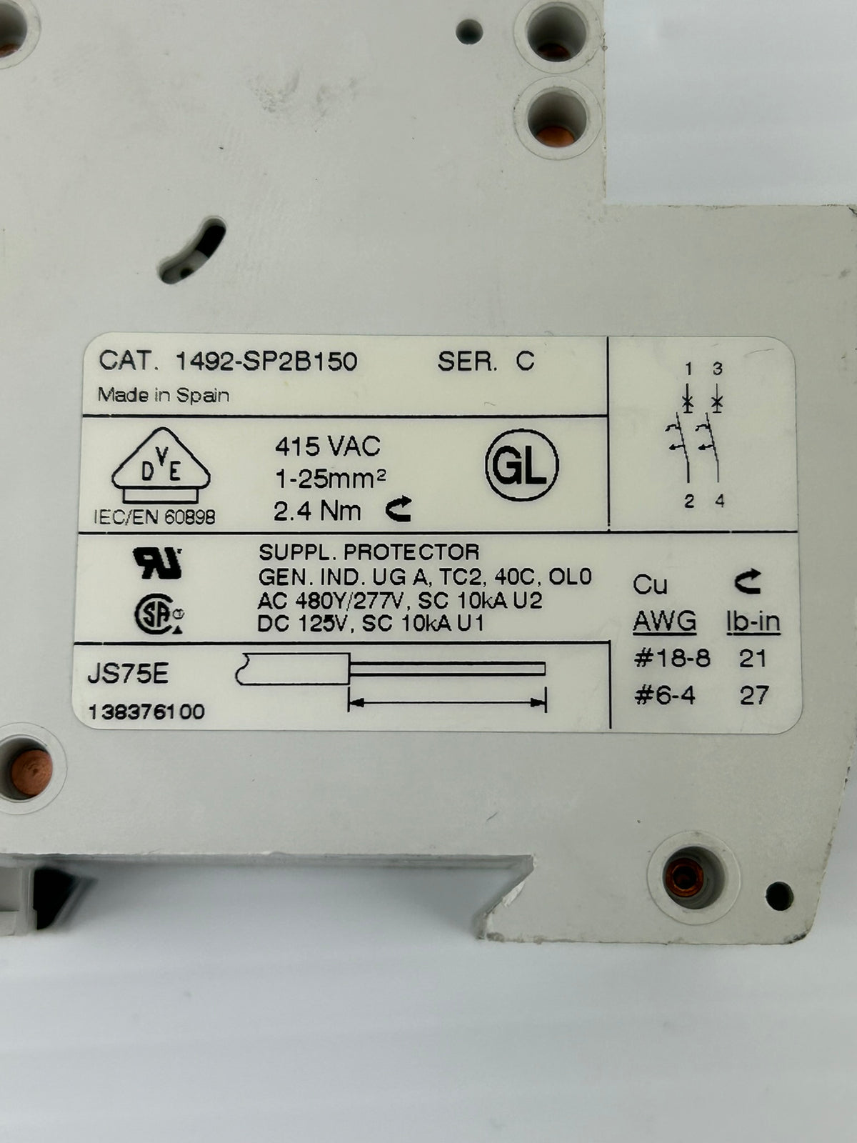 Allen-Bradley 1492-SP2B150 Circuit Breaker Ser C 415VAC 15A 2P - Lot of 2
