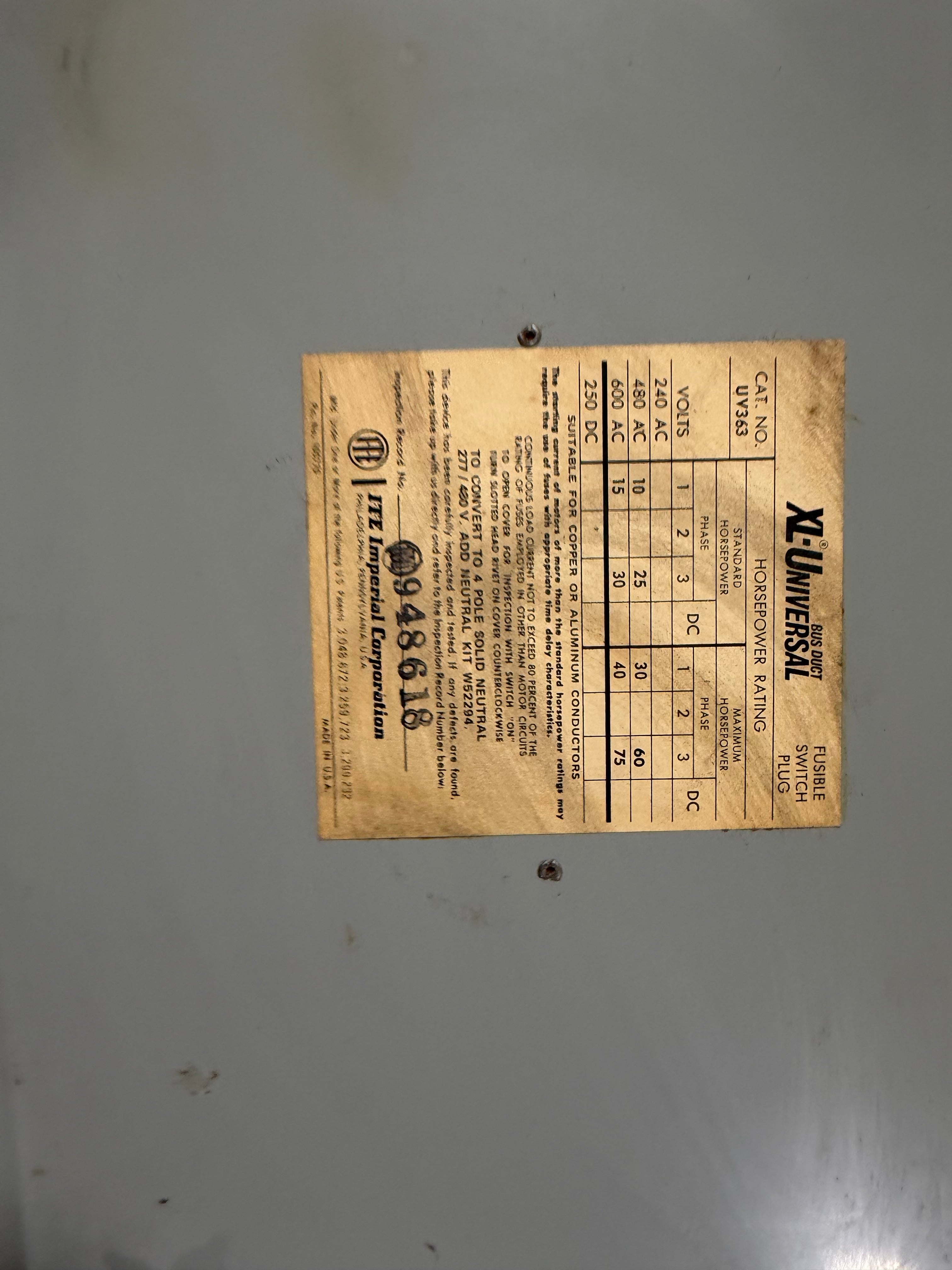 ITE Gould UV363 XL-U Fusible Bus Plug 100A 600V 3PH 3W Used