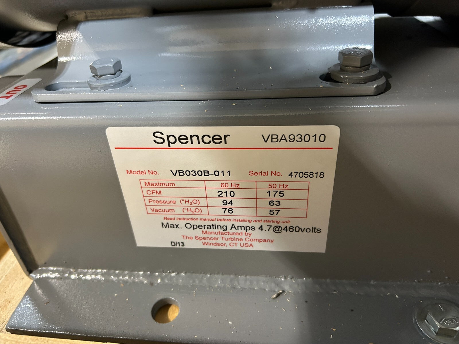 Spencer VB030B-011 Vortex Regenerative Vacuum Blower 4.7A@460V VBA93010