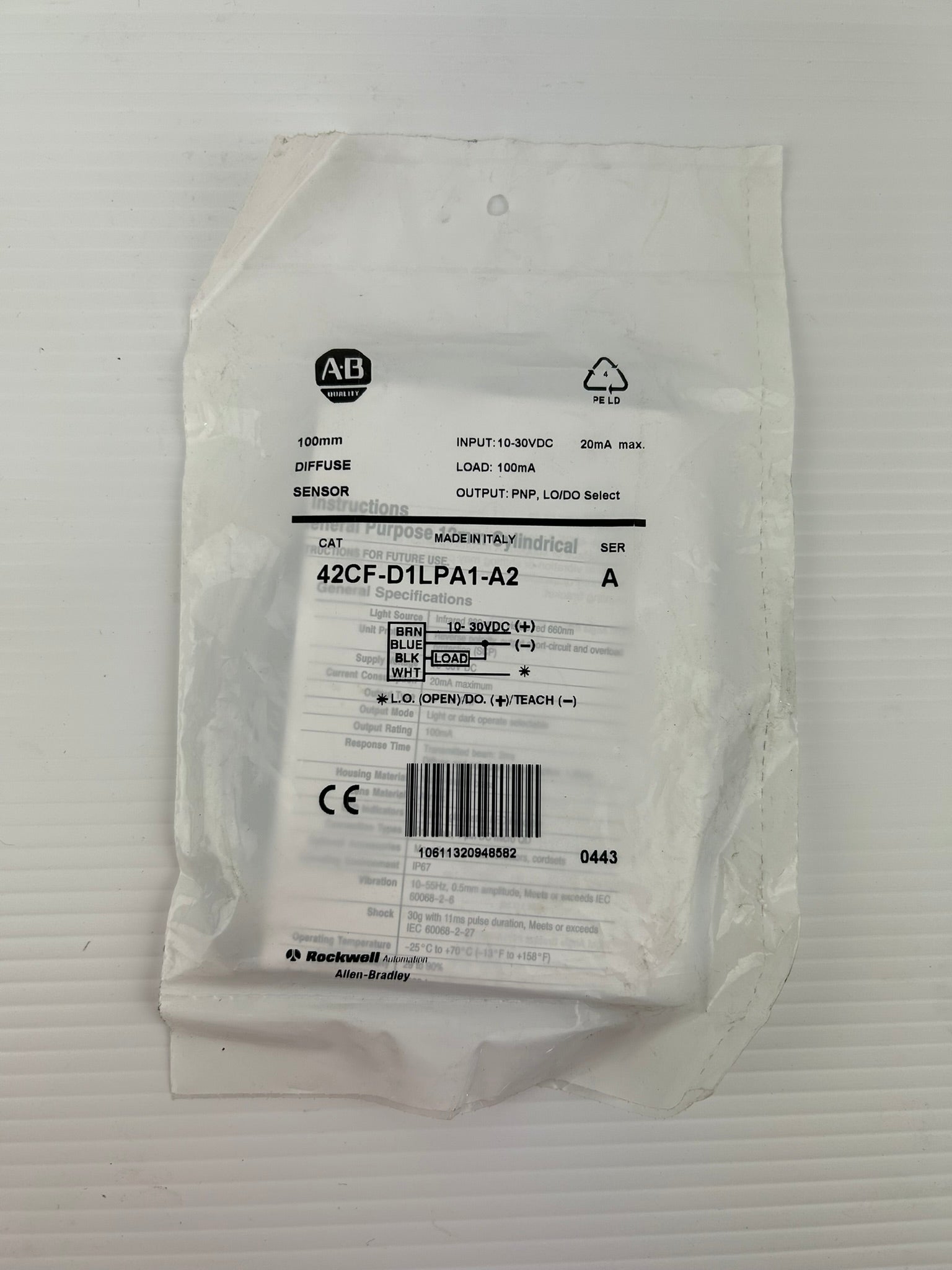 Allen Bradley 42CF-D1LPA1-A2 Diffuse Sensor 100mm Series A Photosensor
