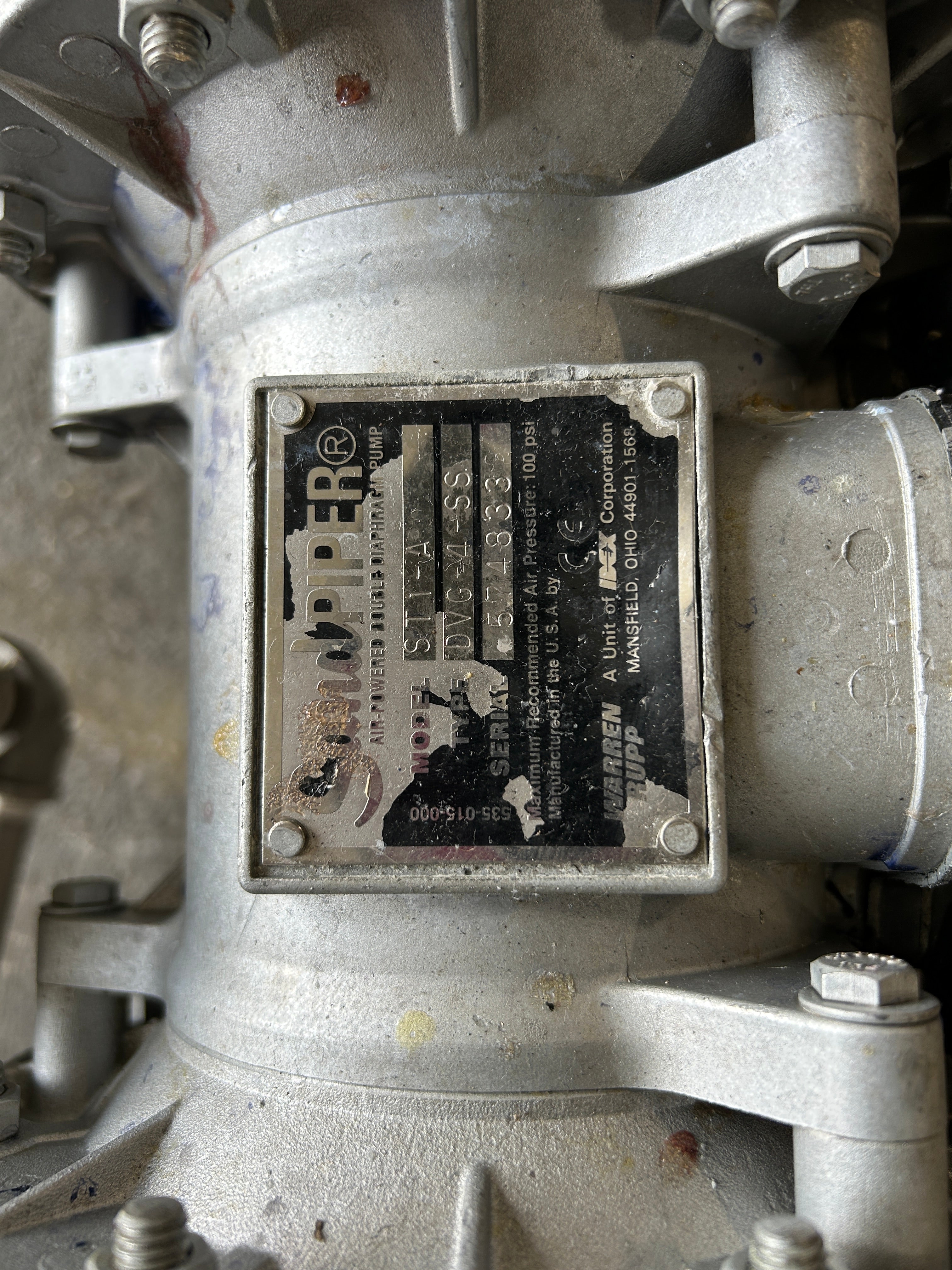 Warren Rupp Sandpiper ST1-A Air Powered Double Diaphragm Pump DVG-4-SS 100PSI