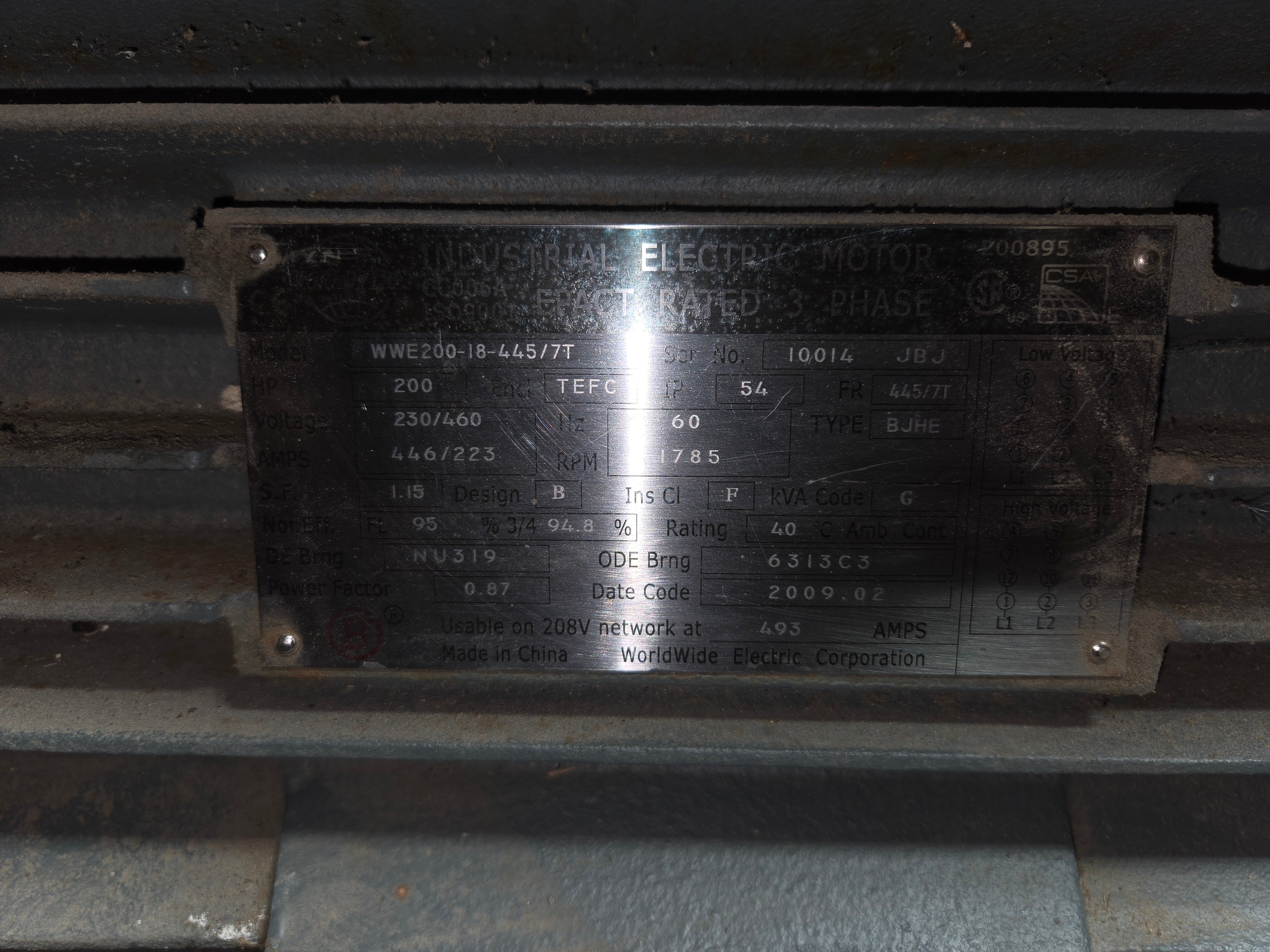 WorldWide Electric WWE200-18-445/7T 200HP 1785RPM 230/460V 445/7T 3PH TEFC Motor