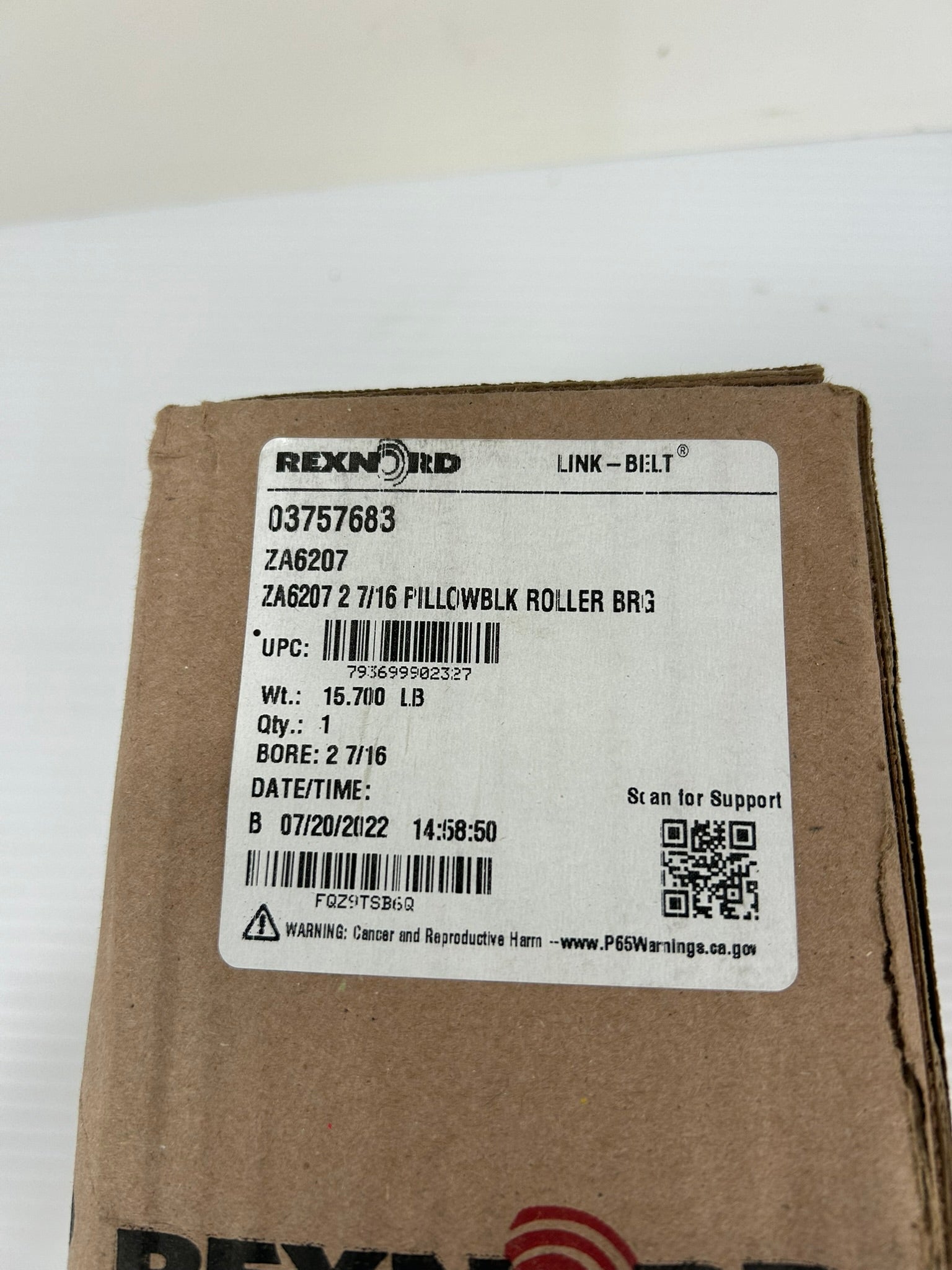 Rexnord 03757683 ZA6207 2-7/16 Pillow Block Roller Bearing