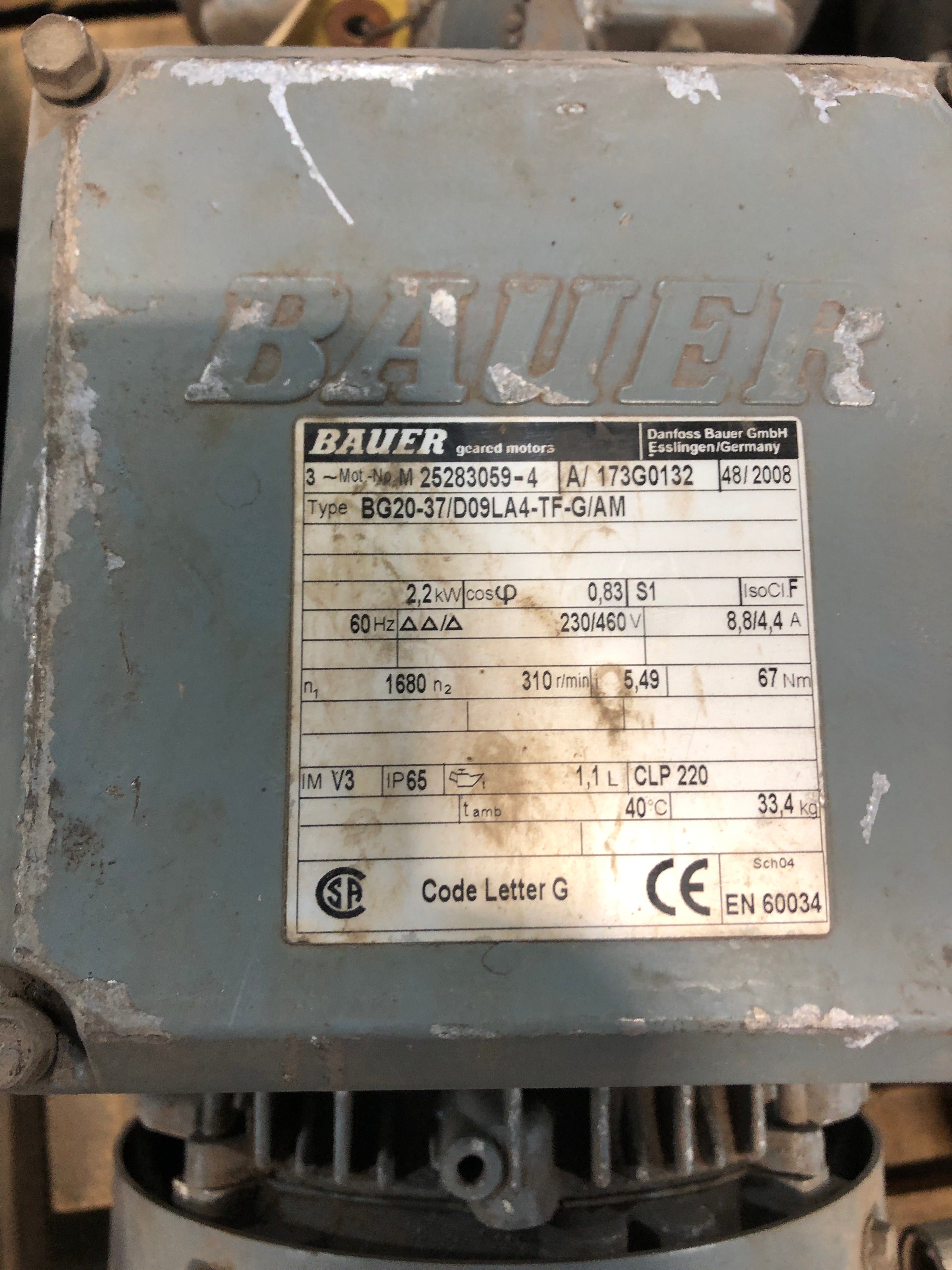 Bauer 25283059-4 Geared Motor BG20-37/D09LA4-TF-G/AM 2,2kW 60Hz 230/460V