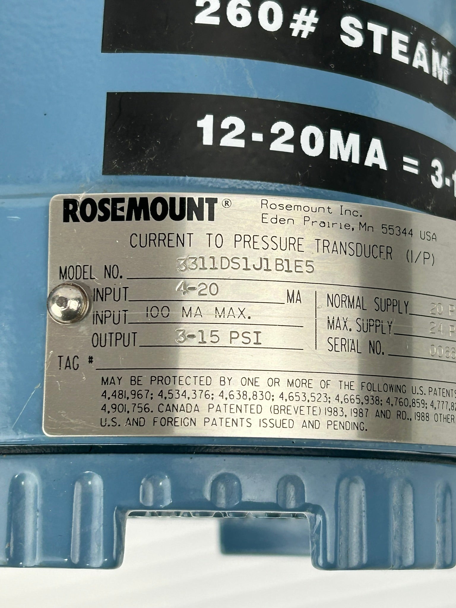 Rosemount 3311DS1J1B1E5 Current to Pressure Transducer with Pressure Gauge