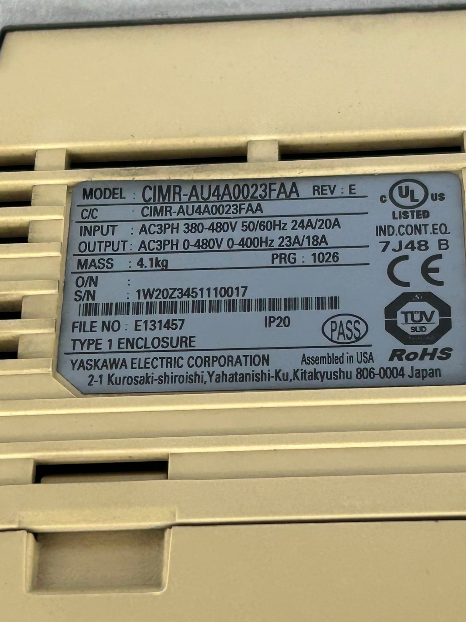 Yaskawa Electric CIMR-AU4A0023FAA Industrial AC Drive Rev E