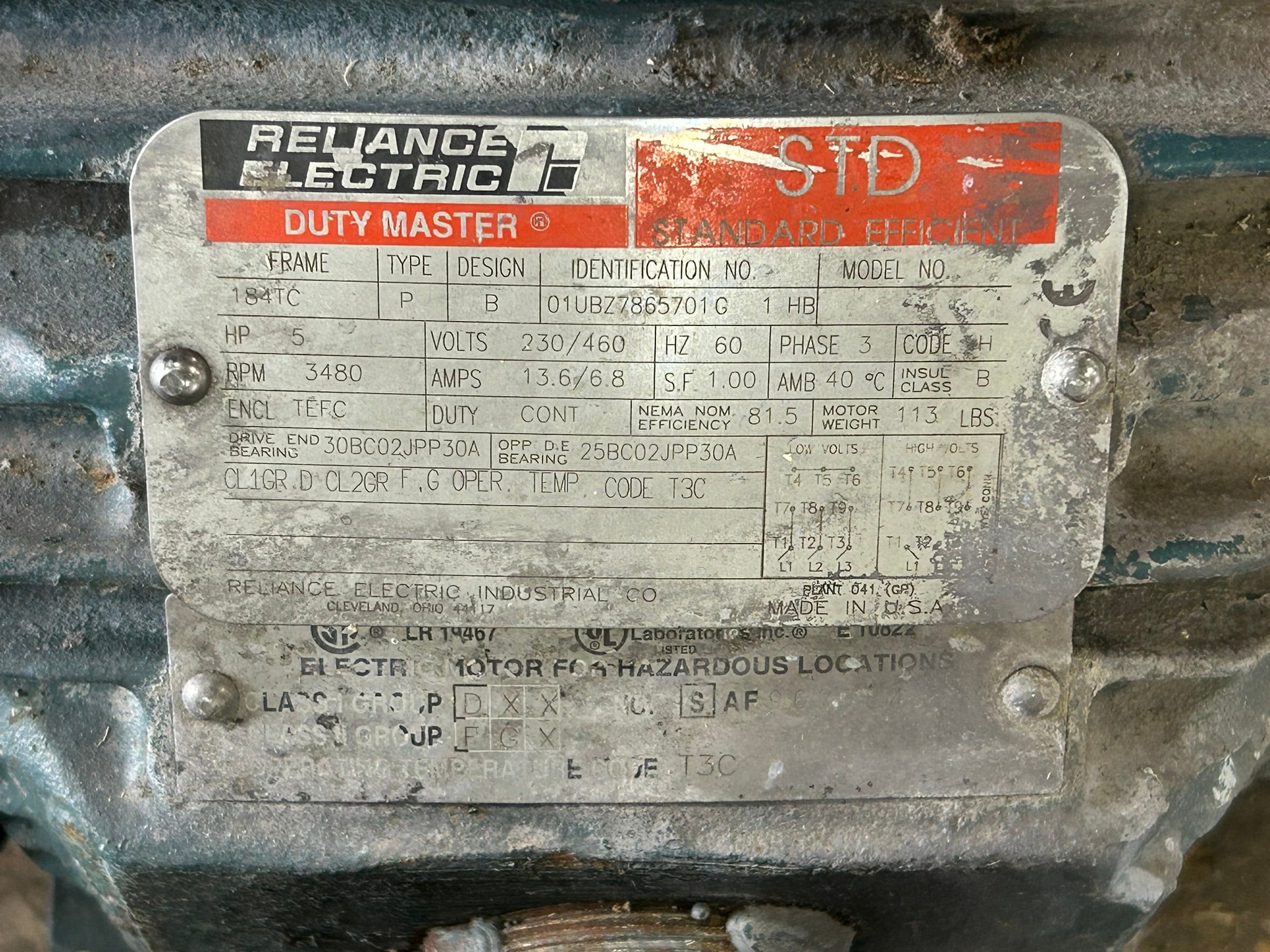 Reliance Electric 01UBZ7865701G1HB STD Duty Master Motor 5HP 3PH 3480RPM 184TC
