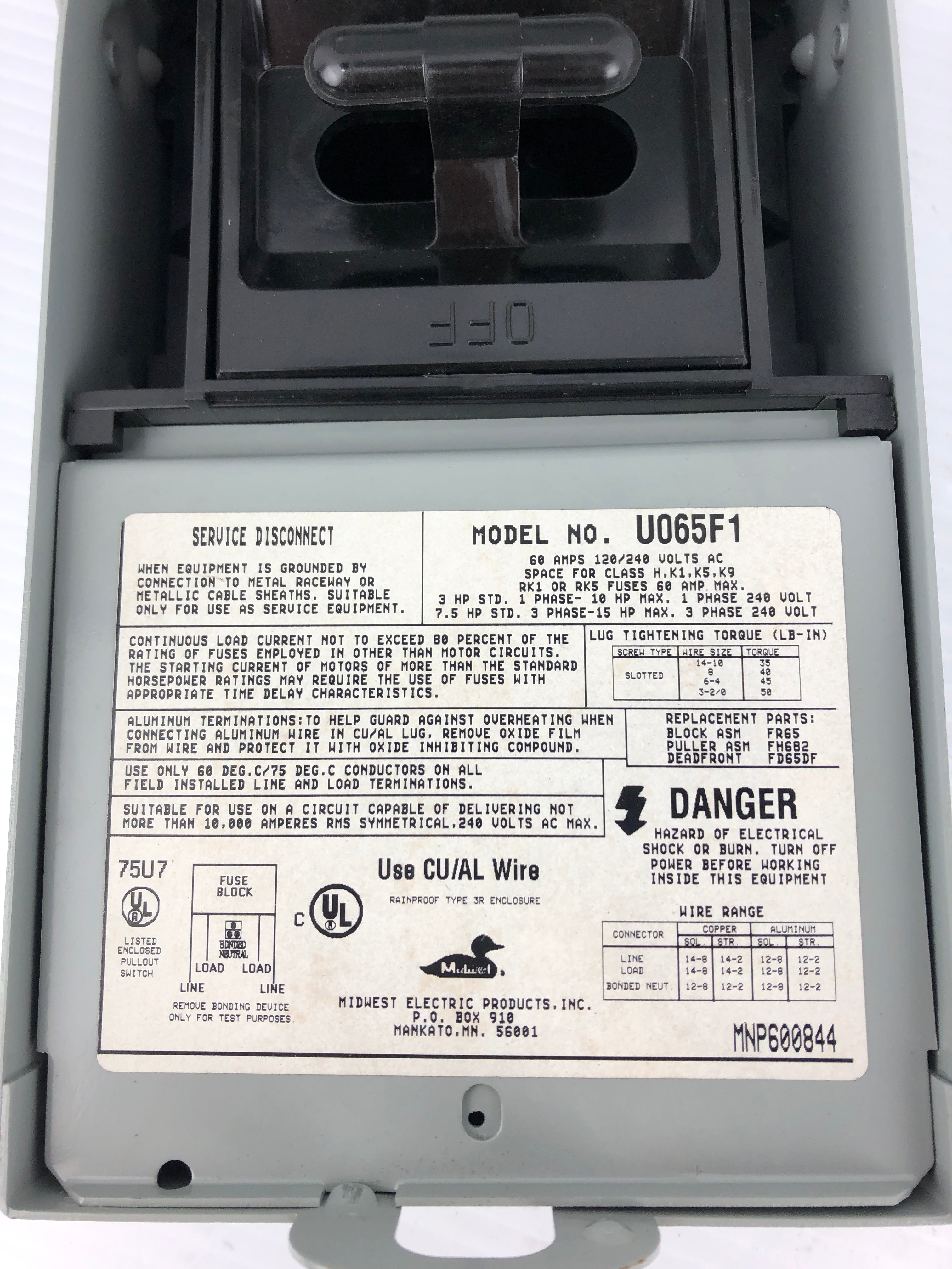 Midwest Electric U065F1 AC Service Disconnect Switch 120/240V 60A 3PH