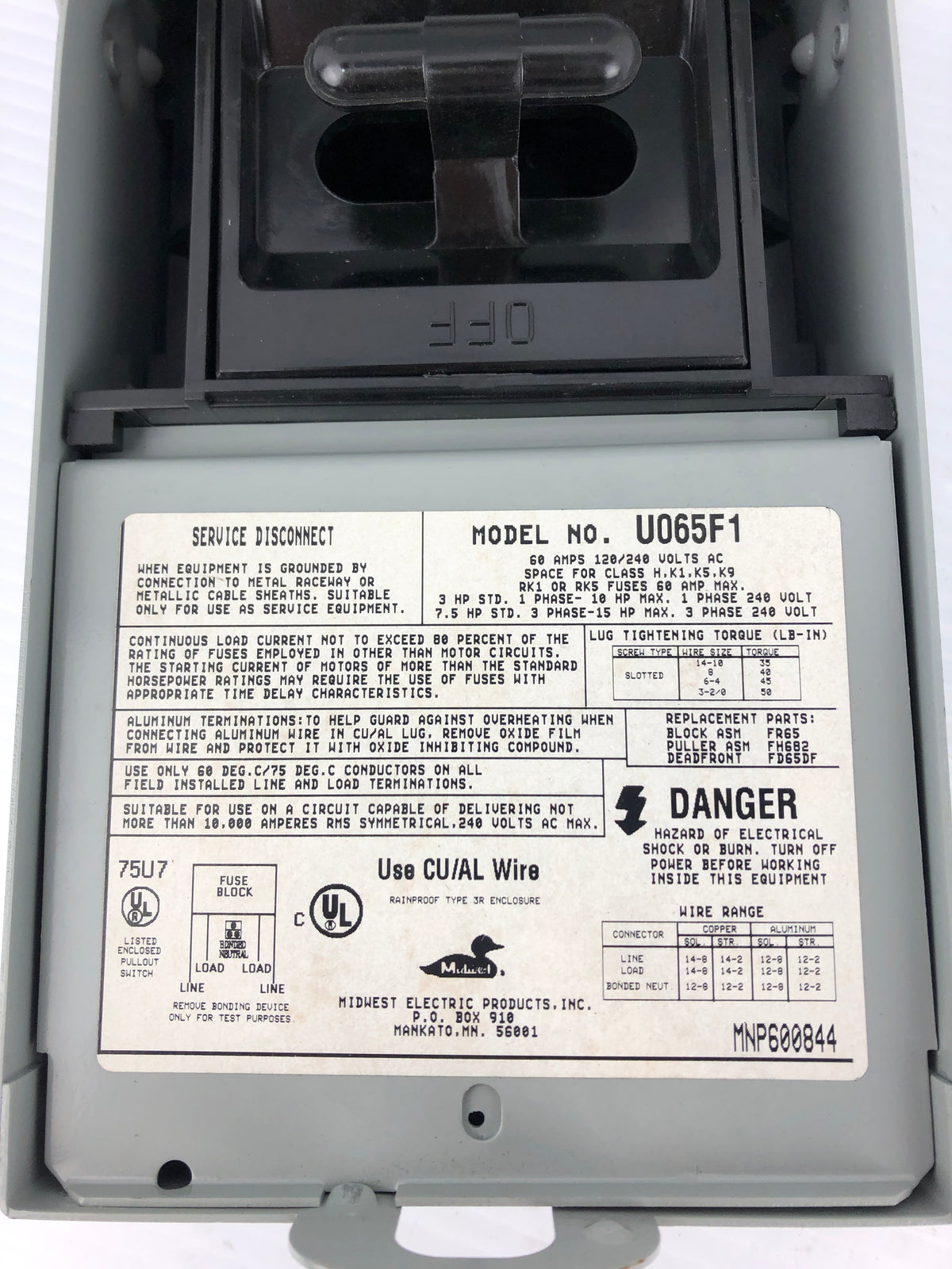 Midwest Electric U065F1 AC Service Disconnect Switch 120/240V 60A 3PH