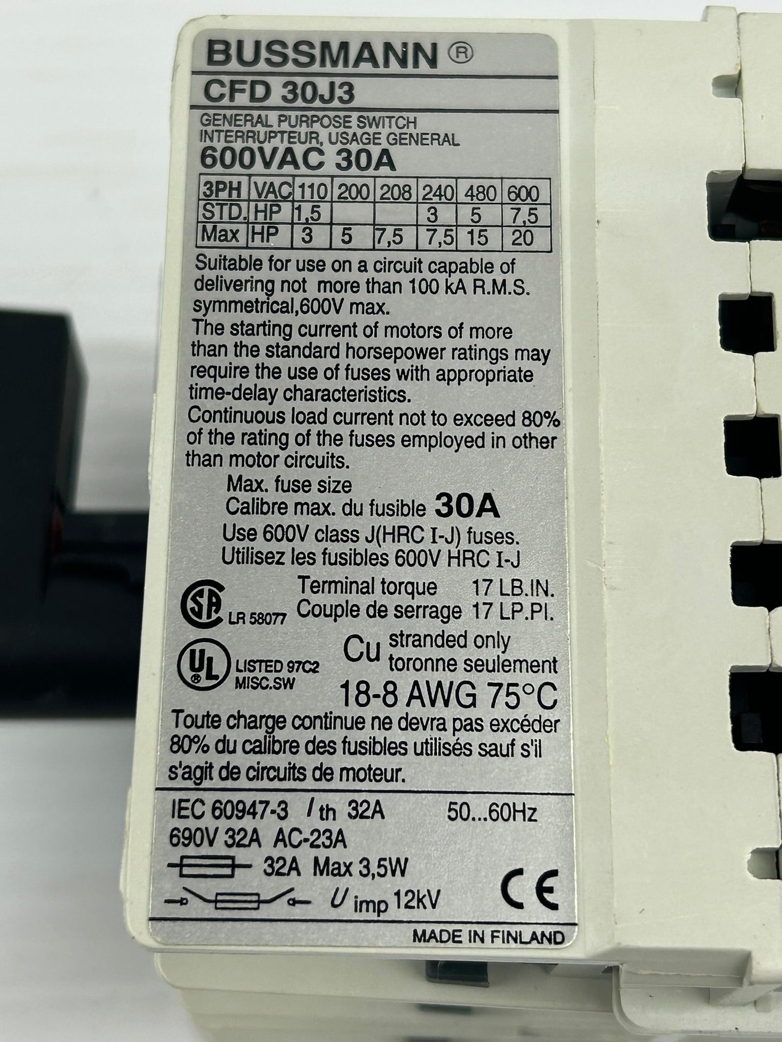 Bussmann CFD 30J3 General Purpose Switch 600VAC 30A
