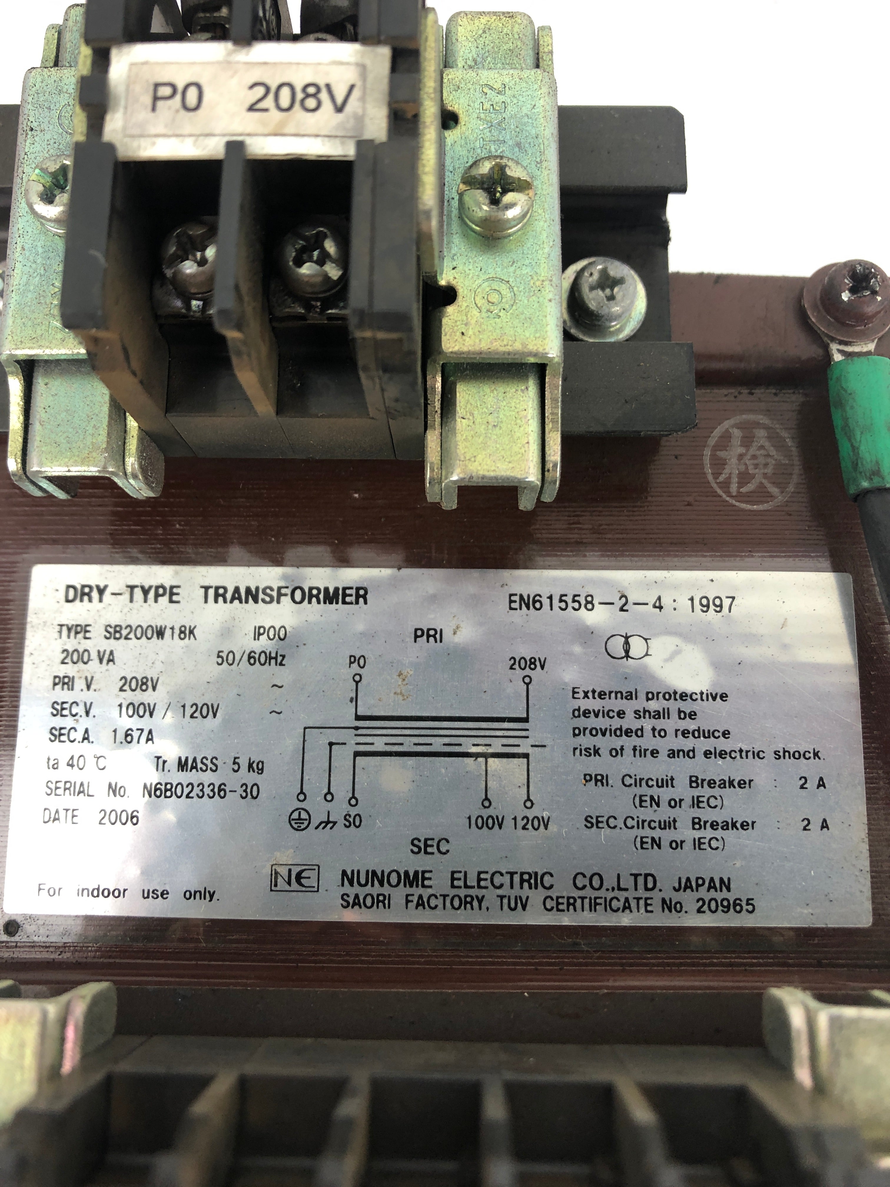 Nunome Electric SB200W18K Dry Type Transformer 200VA 1.67A 50/60Hz 1PH 7P