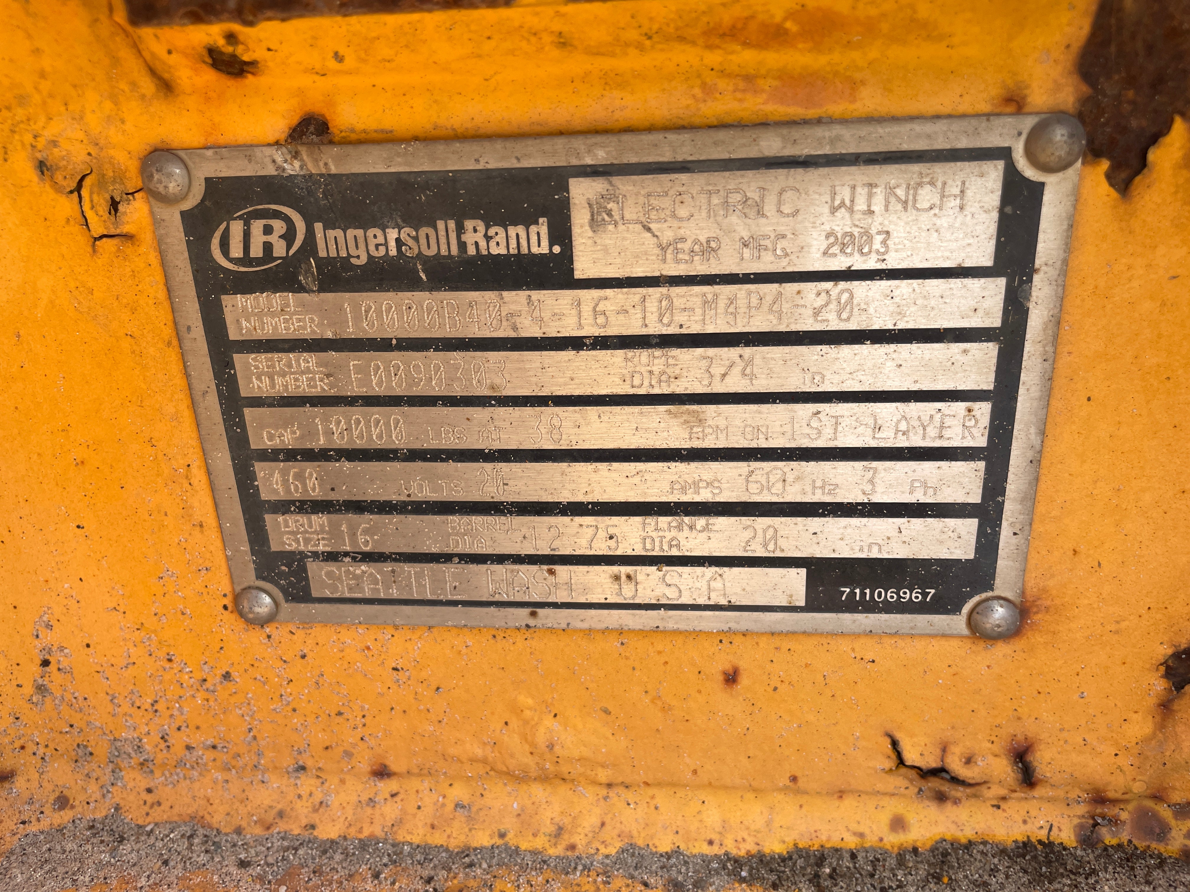 Ingersoll Rand Electric Winch 10,000 lbs. Capacity 3PH 10000B40-4-16-10-M4P4-20
