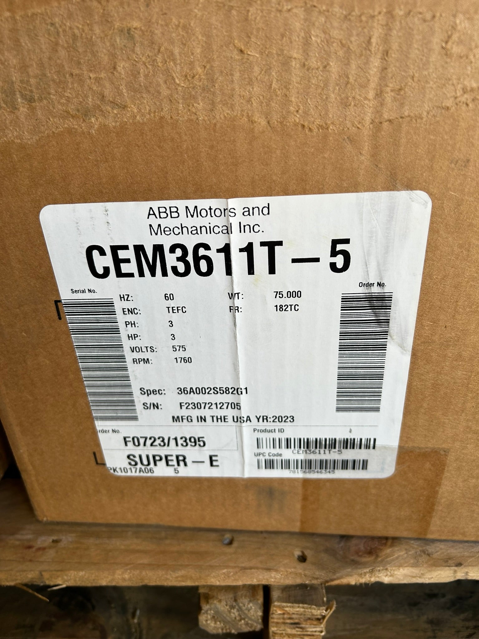 Baldor Reliance CEM3611T-5 Super-E Motor 3HP 575V 1760RPM 3PH 182TC TEFC NEMA
