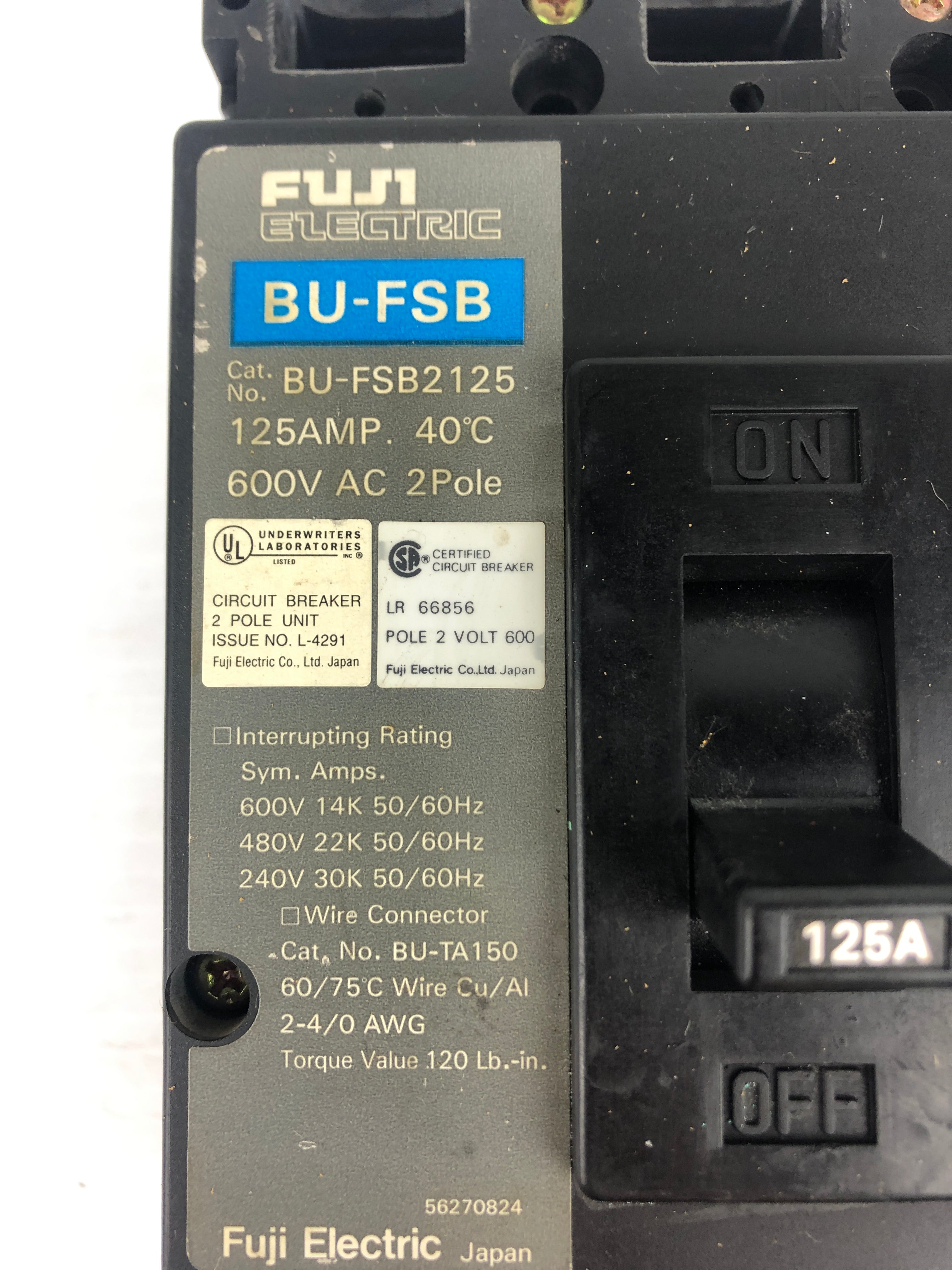 Fuji Electric BU-FSB2125 Circuit Breaker 2P 125A 600V 50/60Hz