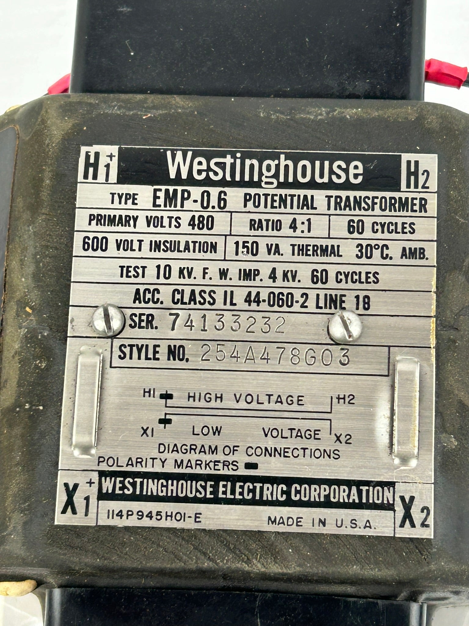 Westinghouse EMP-0.6 Potential Thermal Transformer 254A478G03