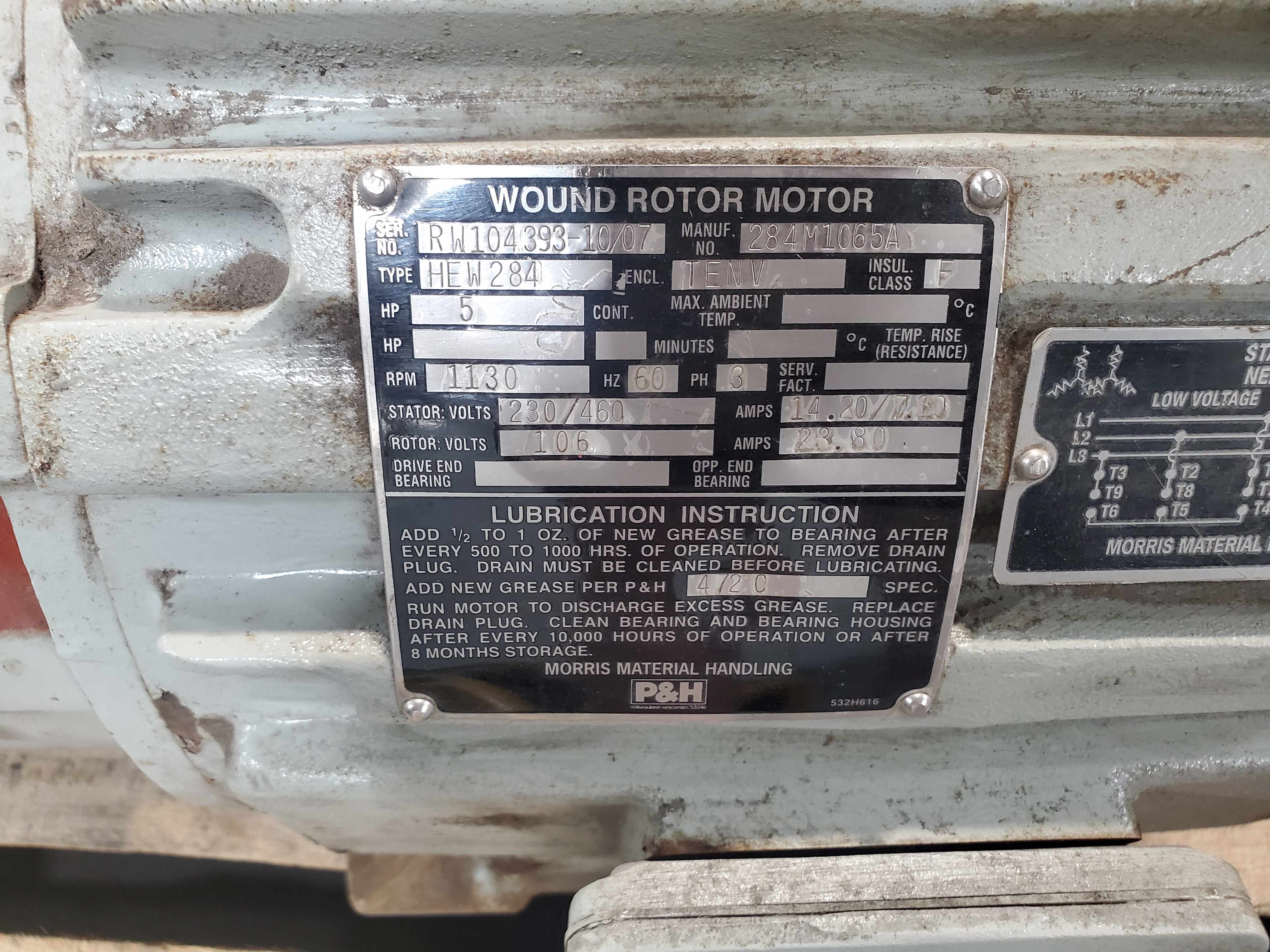 P&H Morris HEW284 Wound Rotor Motor 5 HP 1130 RPM 284M1065A