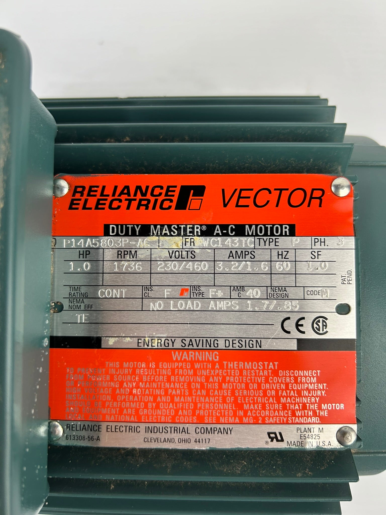 Reliance Electric AC Motor P14A5803P-AC 1HP 1736 RPM 3PH WC143TC H2310240032X510