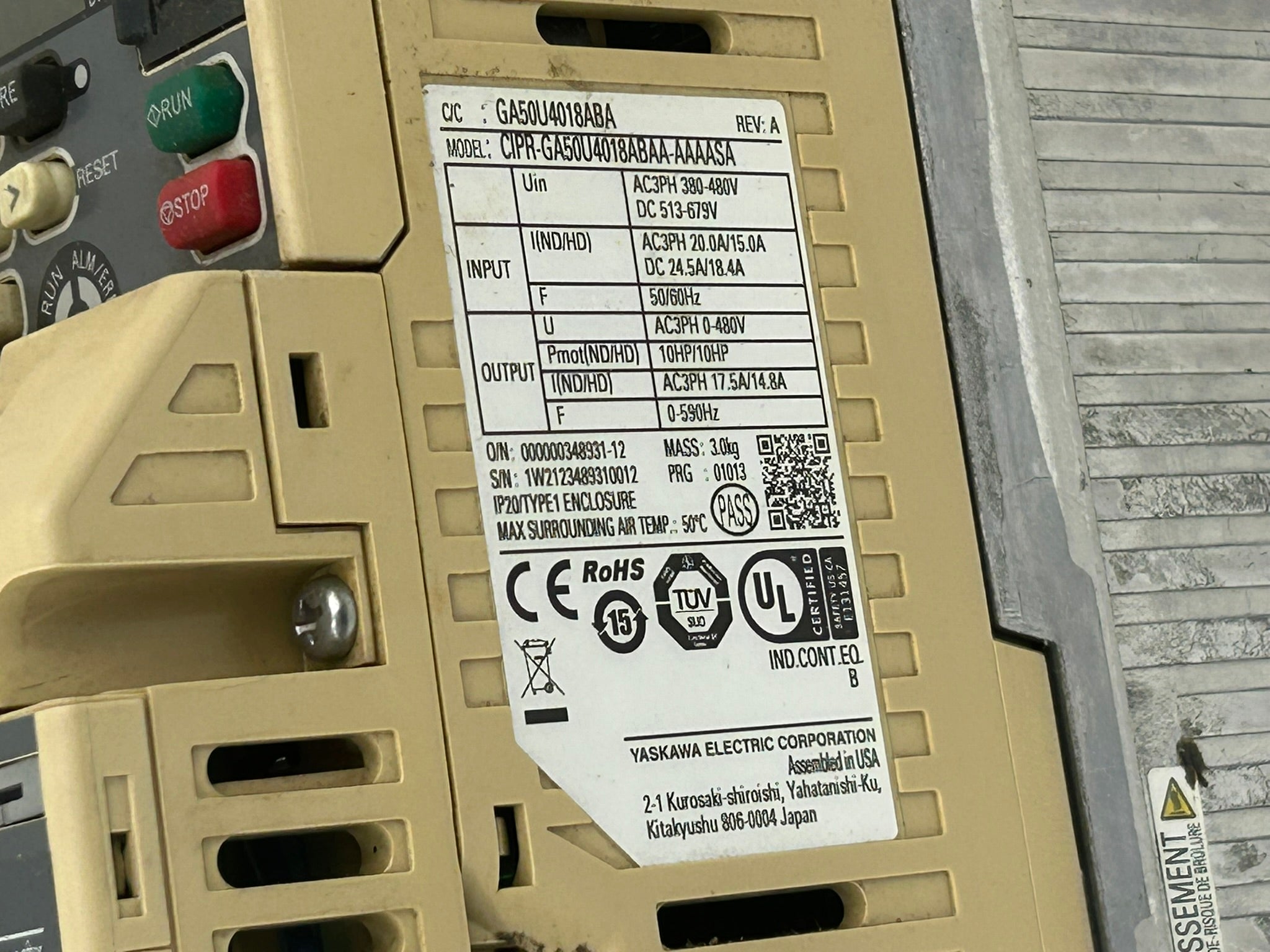 Yaskawa CIPR-GA50U4018ABAA-AAAASA AC Drive Rev A