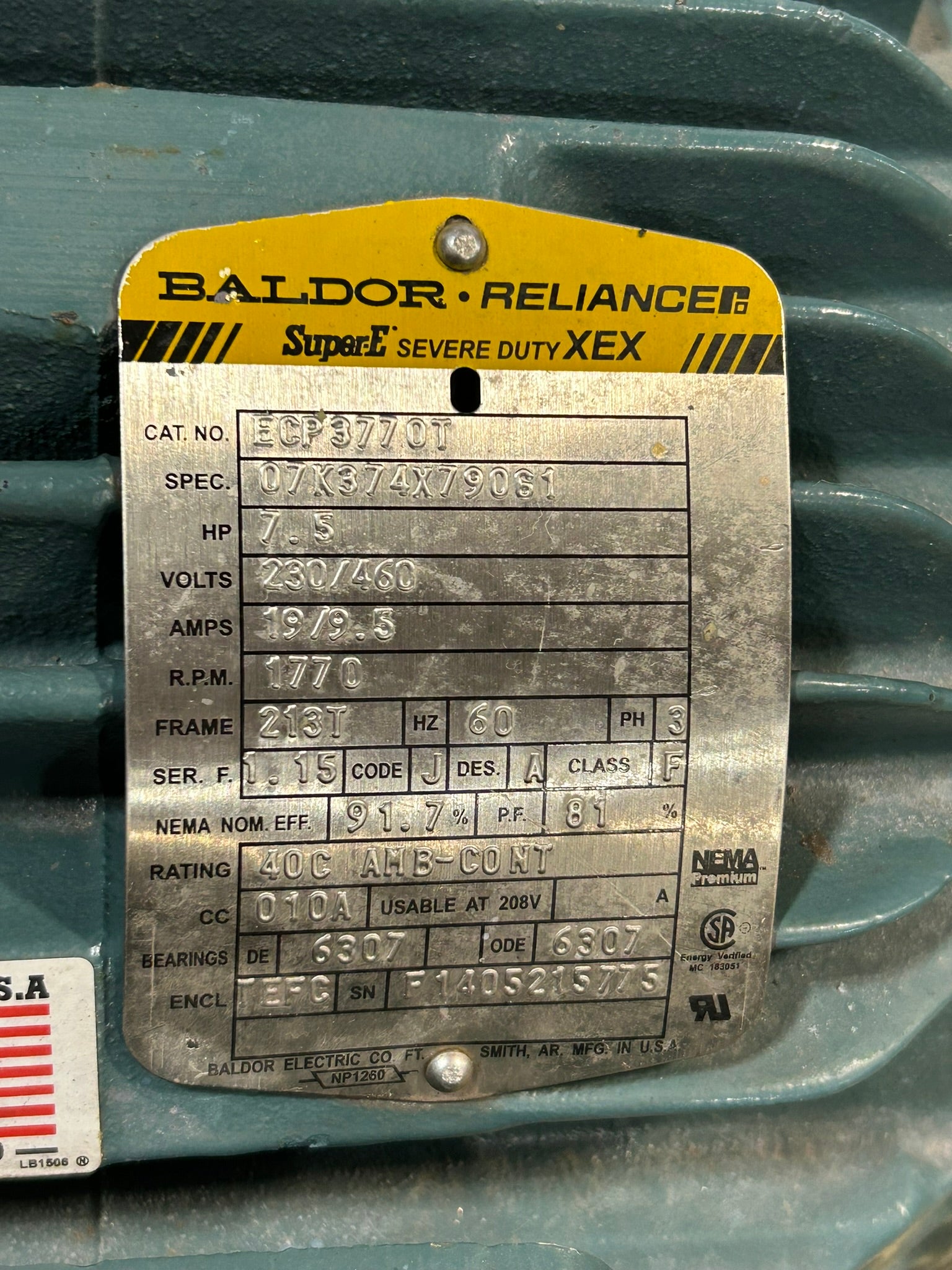 Baldor Reliance ECP3770T 7.5HP 3PH 230/460V 213T TEFC Severe Duty AC Motor