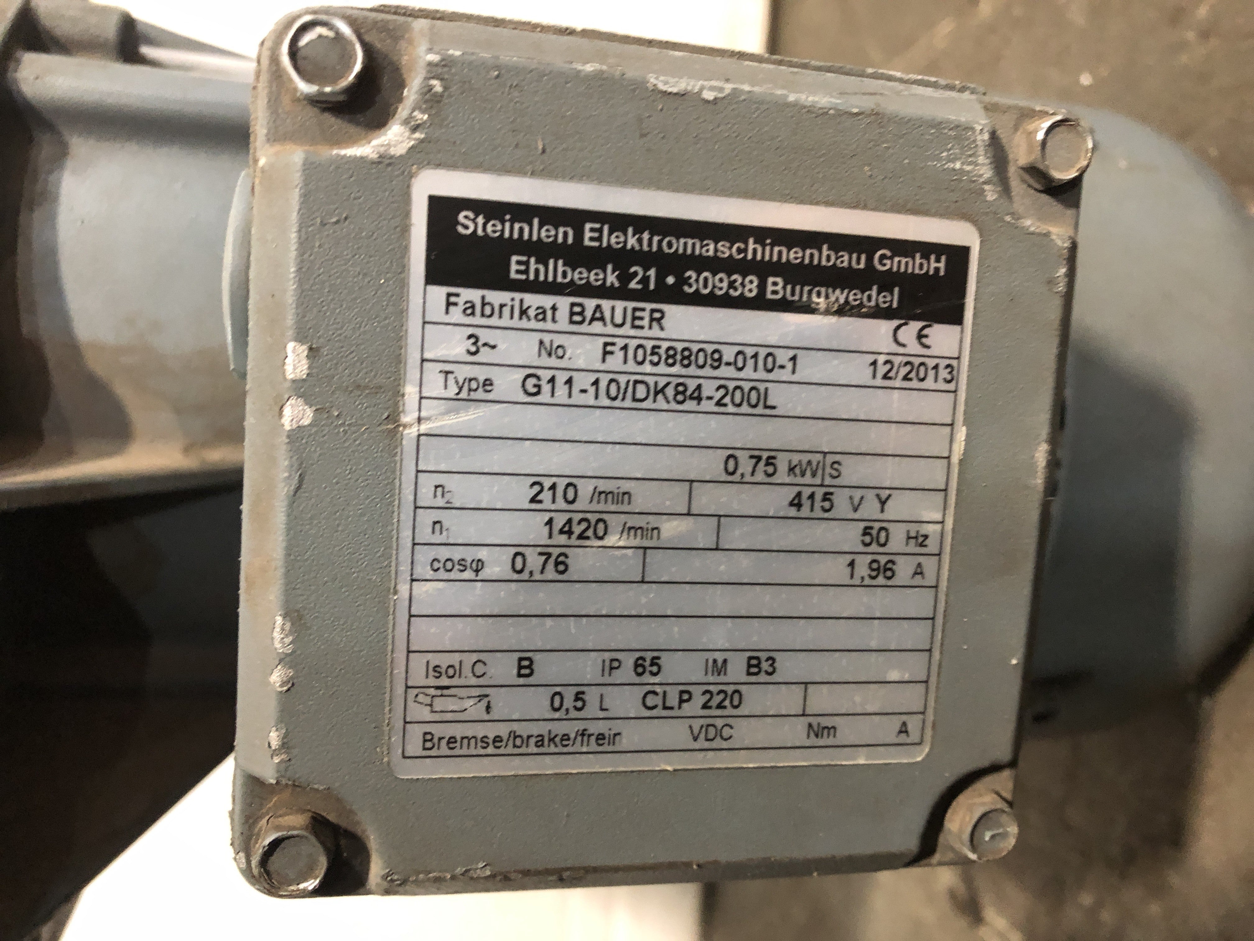 Bauer F1058809-010-1 Gearmotor G11-10/DK84-200L 415V 1,96A 50Hz 0,75kW