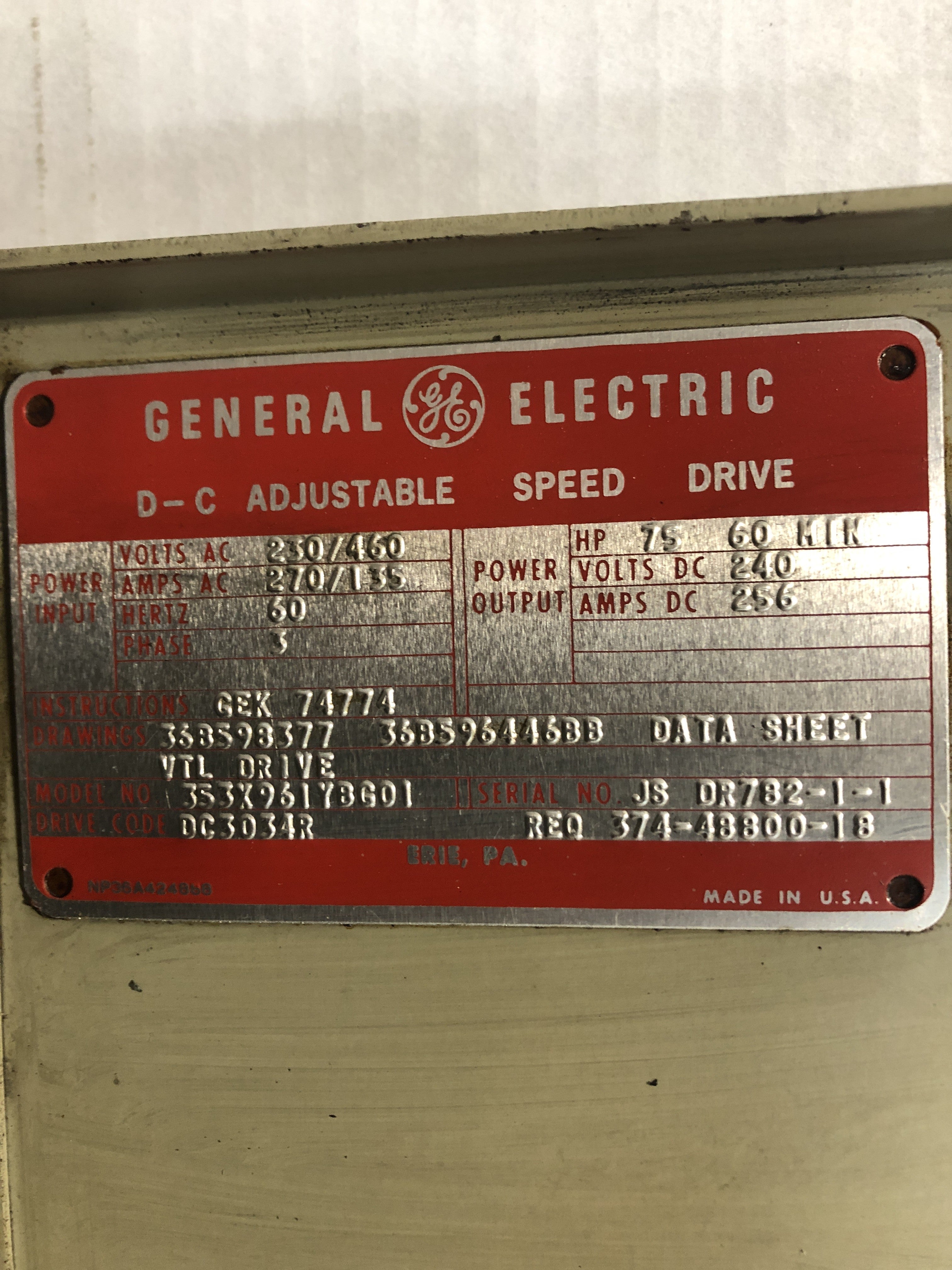 General Electric 353X961YBG01 D-C Adjustable Speed Drive 230/460V 270/135A 75HP