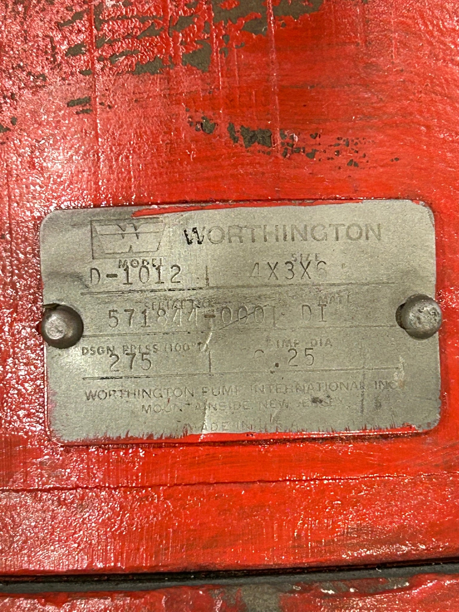 Worthington D-1012 Centrifugal Pump 4X3X6 Material DI 275 PSI 6.25 Imp. Dia.