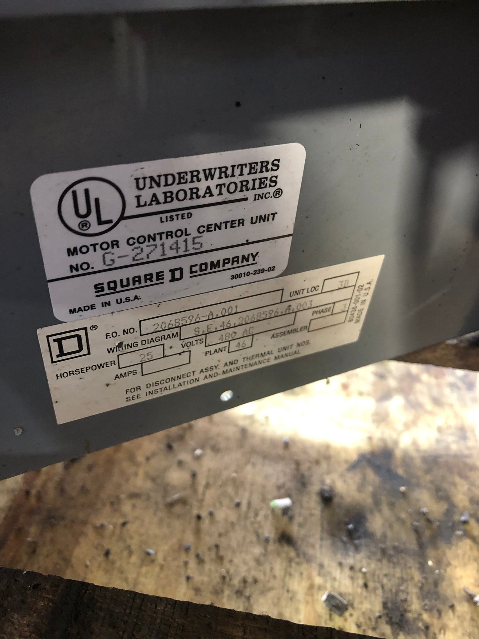 Square D G-271415 MCC Unit 2068596-A.001 70A Size 2 25HP 480V