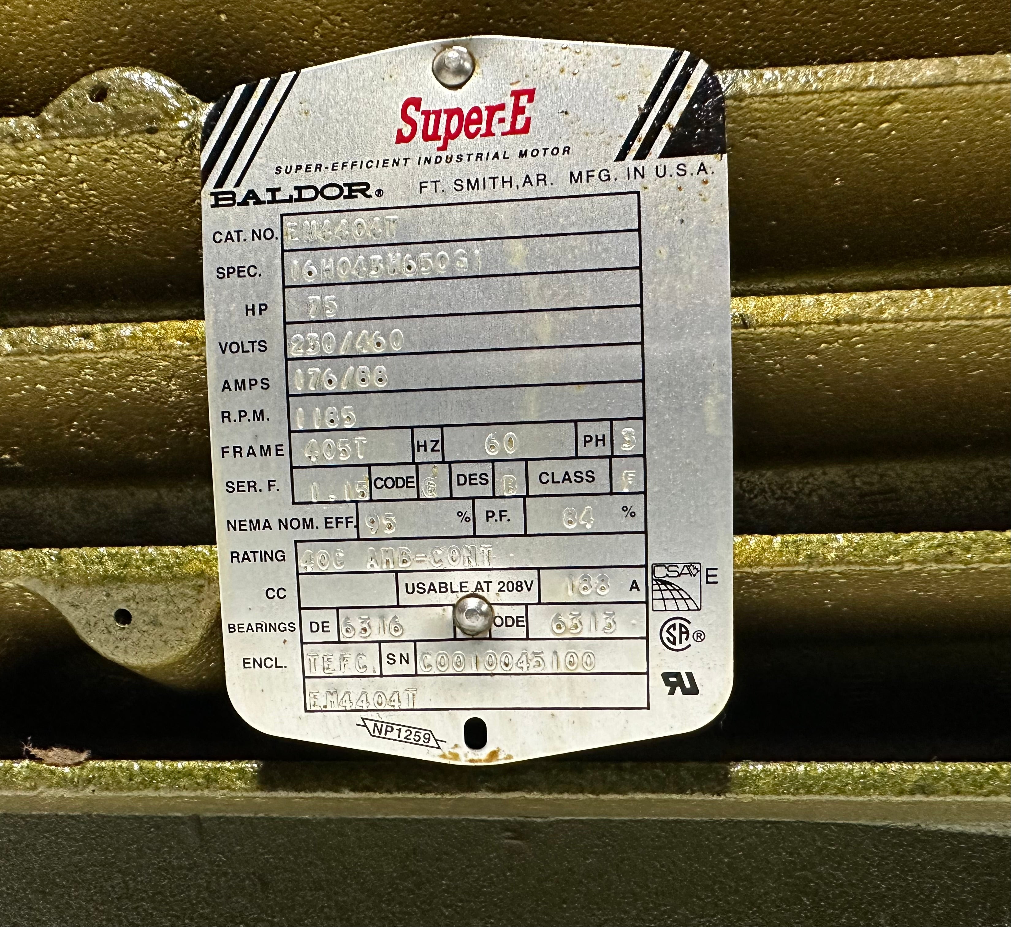 Baldor Super-E EM4404T Motor 75HP 1185 RPM 405T Frame 3PH
