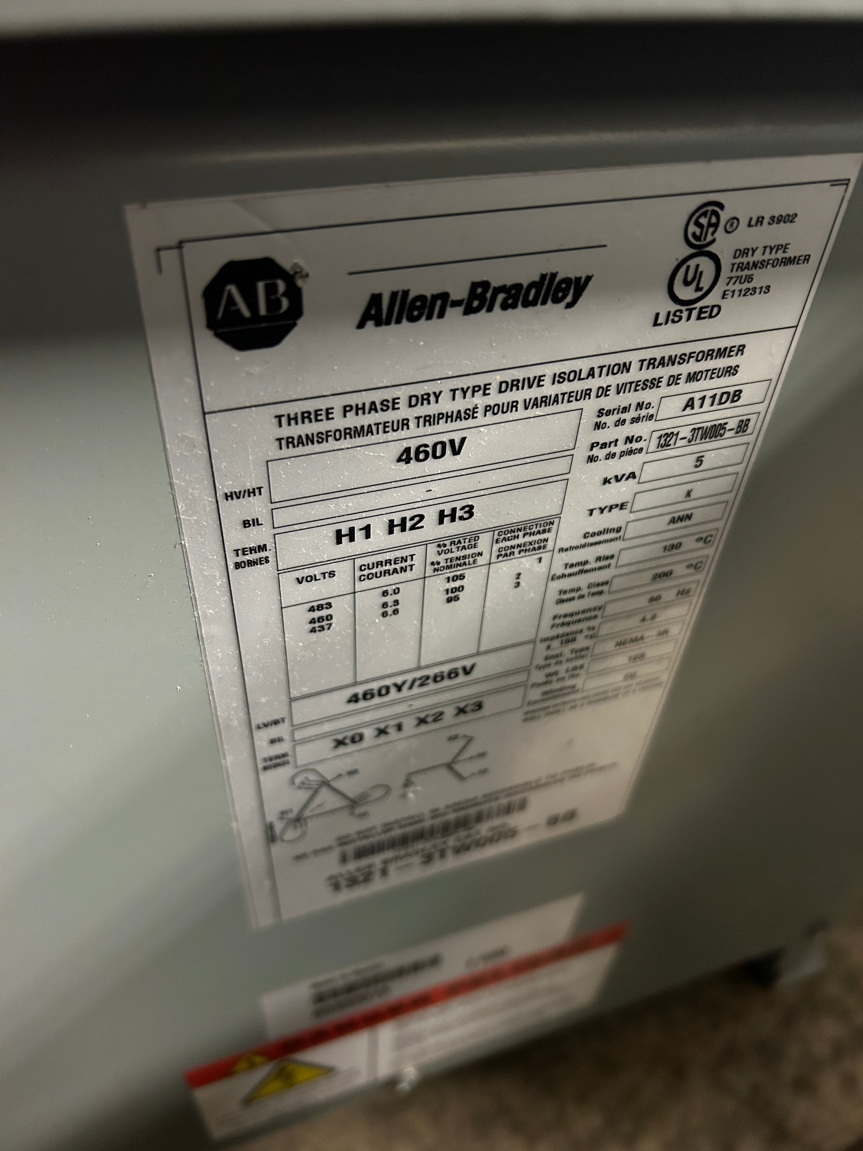 Allen-Bradley 1321-3TW005-BB Drive Isolation Transformer Dry Type 5kVA 460V 3PH